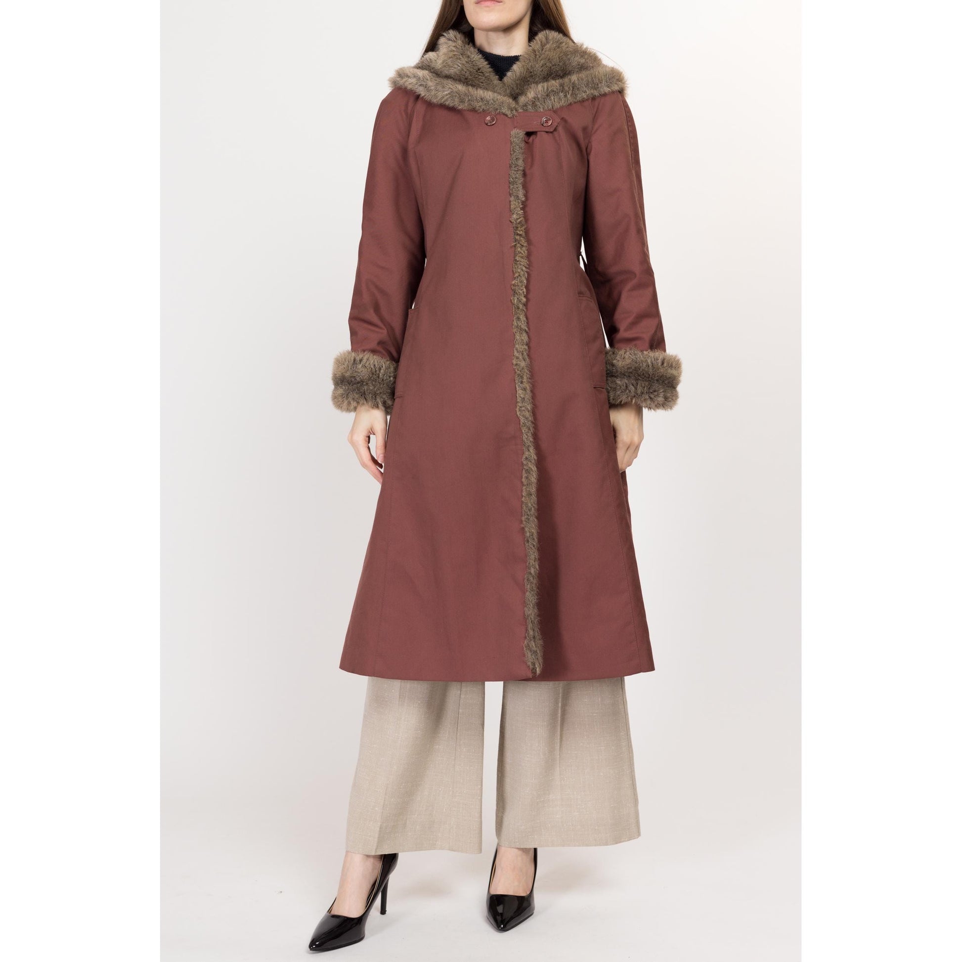 Medium 70s Mauve Hooded Faux Fur Trim Coat | Retro Vintage Penny Lane Long Maxi Winter Jacket