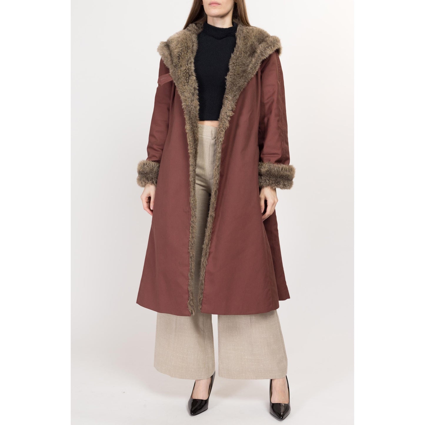 Medium 70s Mauve Hooded Faux Fur Trim Coat | Retro Vintage Penny Lane Long Maxi Winter Jacket