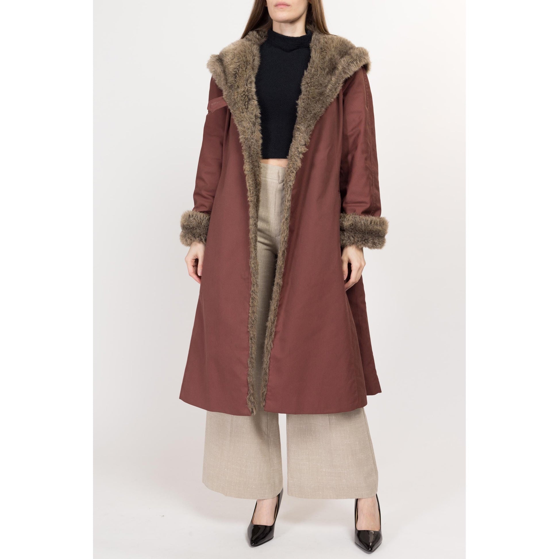 Medium 70s Mauve Hooded Faux Fur Trim Coat | Retro Vintage Penny Lane Long Maxi Winter Jacket