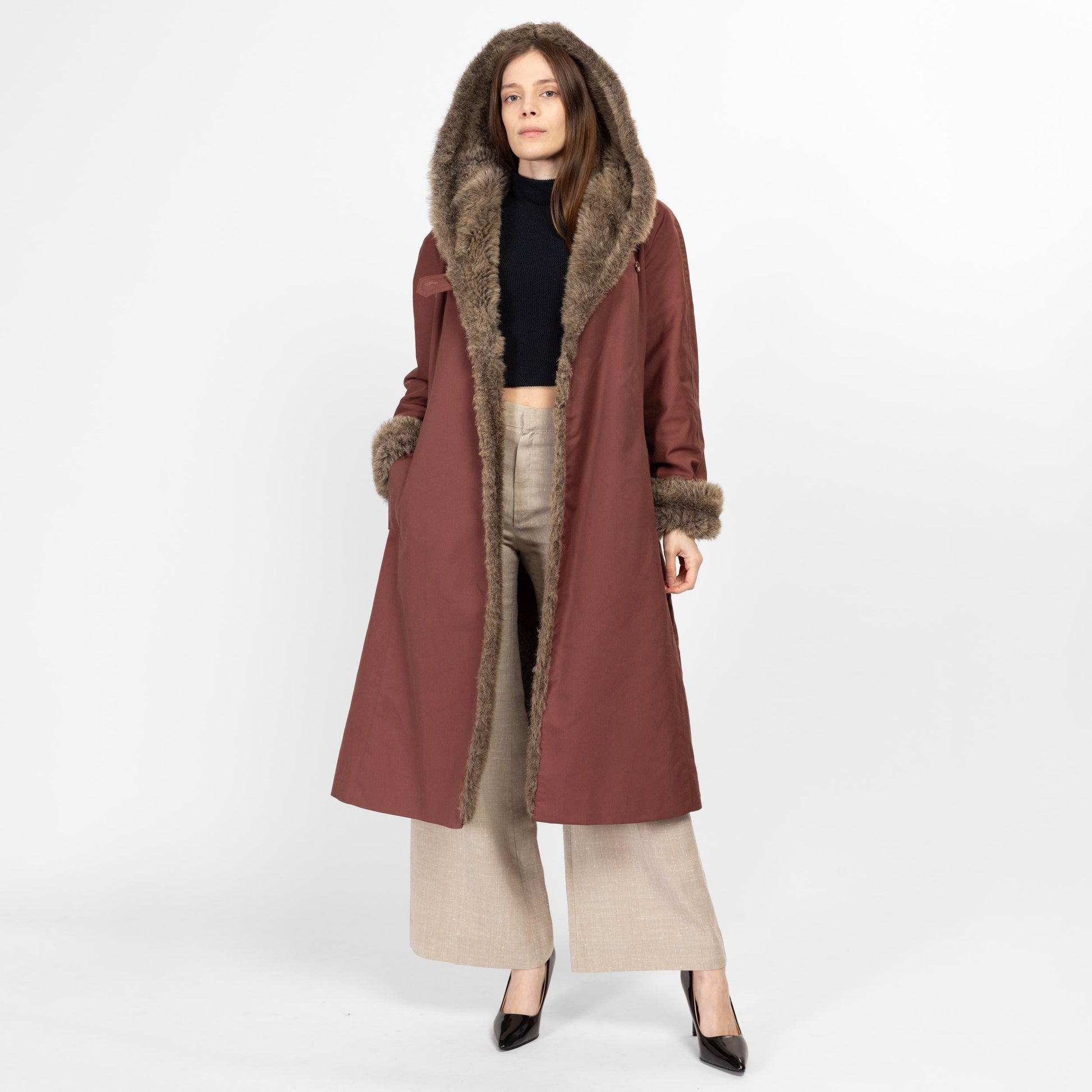Medium 70s Mauve Hooded Faux Fur Trim Coat | Retro Vintage Penny Lane Long Maxi Winter Jacket