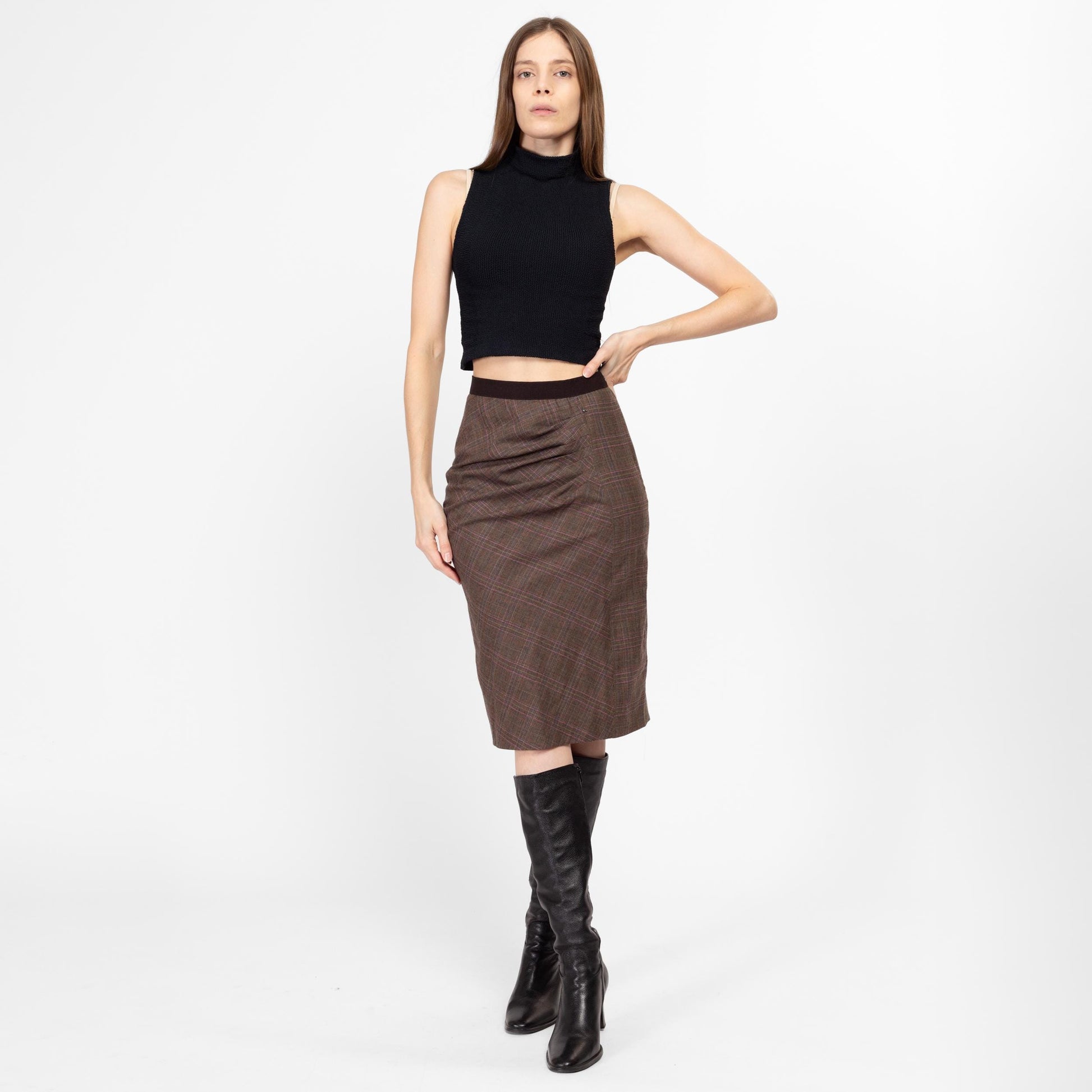 XS-Sm Y2K Plaid Asymmetrical Pencil Skirt | Vintage Brown Pink Mid Rise Knee Length Midi Skirt