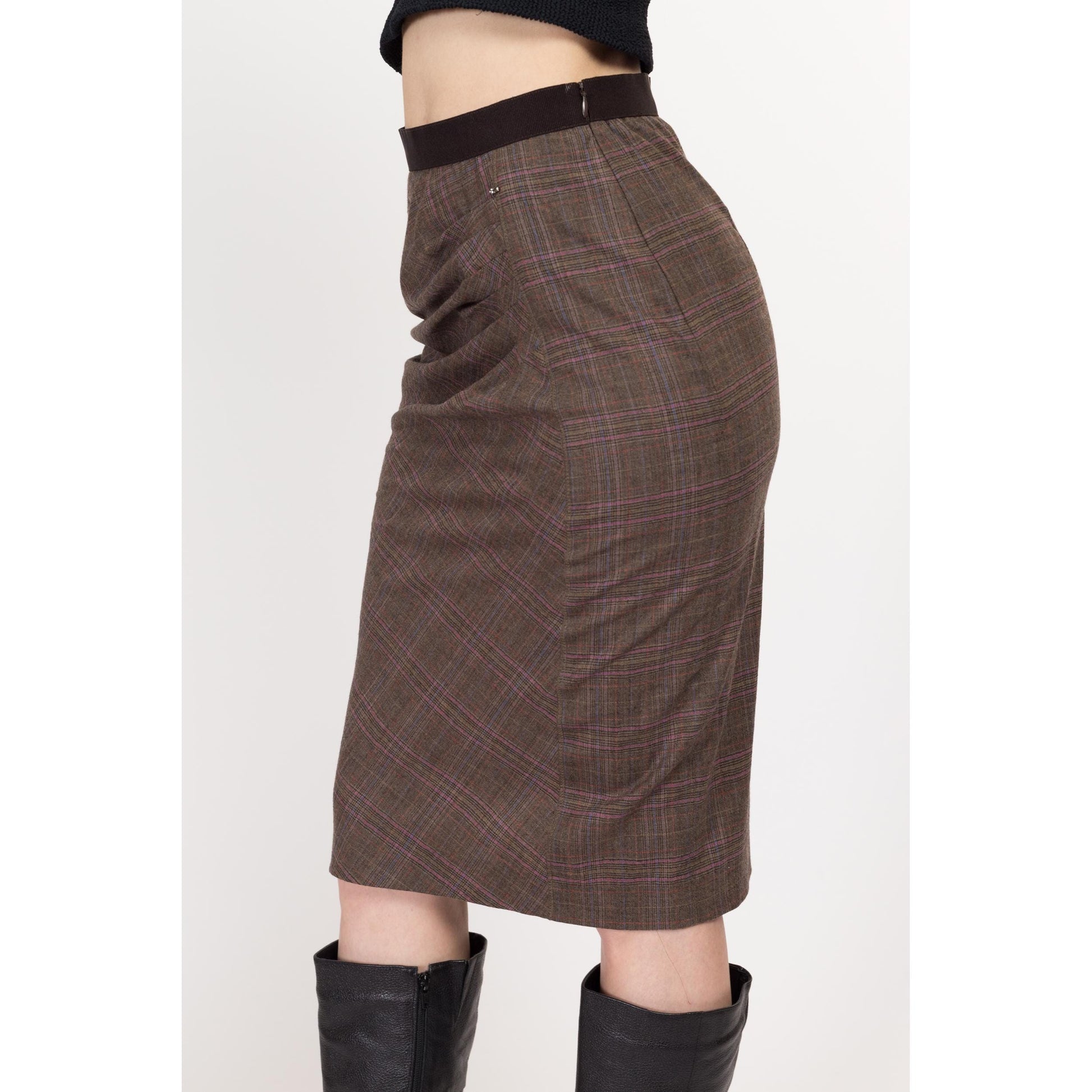 XS-Sm Y2K Plaid Asymmetrical Pencil Skirt | Vintage Brown Pink Mid Rise Knee Length Midi Skirt