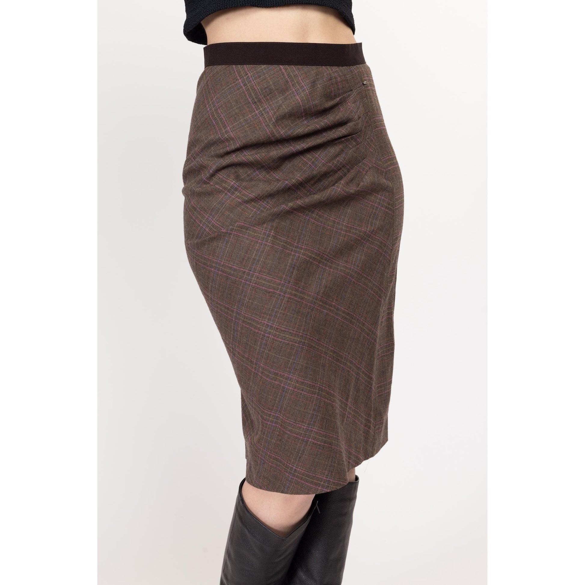 XS-Sm Y2K Plaid Asymmetrical Pencil Skirt | Vintage Brown Pink Mid Rise Knee Length Midi Skirt
