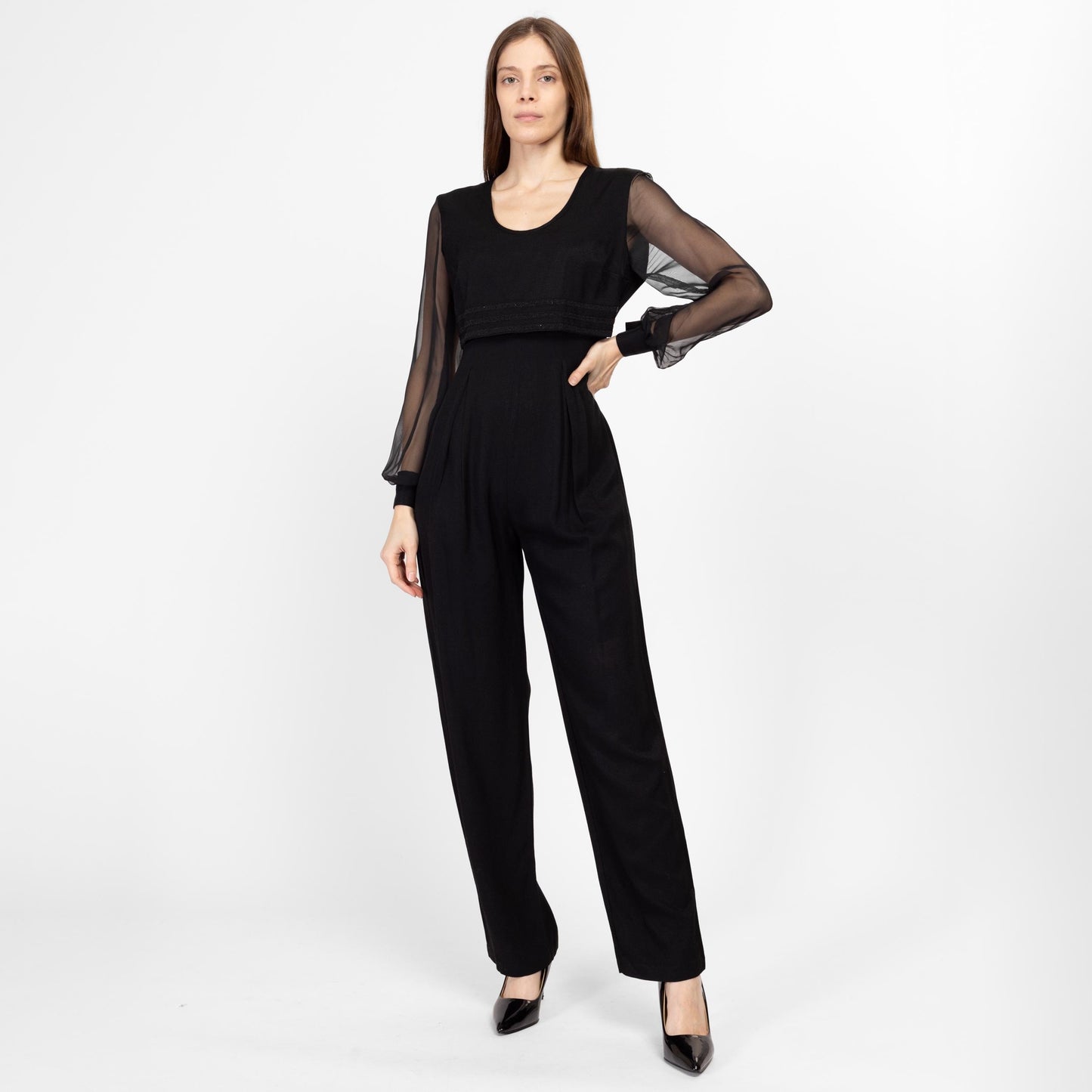 Small 80s Black Sheer Sleeve Beaded Trim Jumpsuit Size – Flying