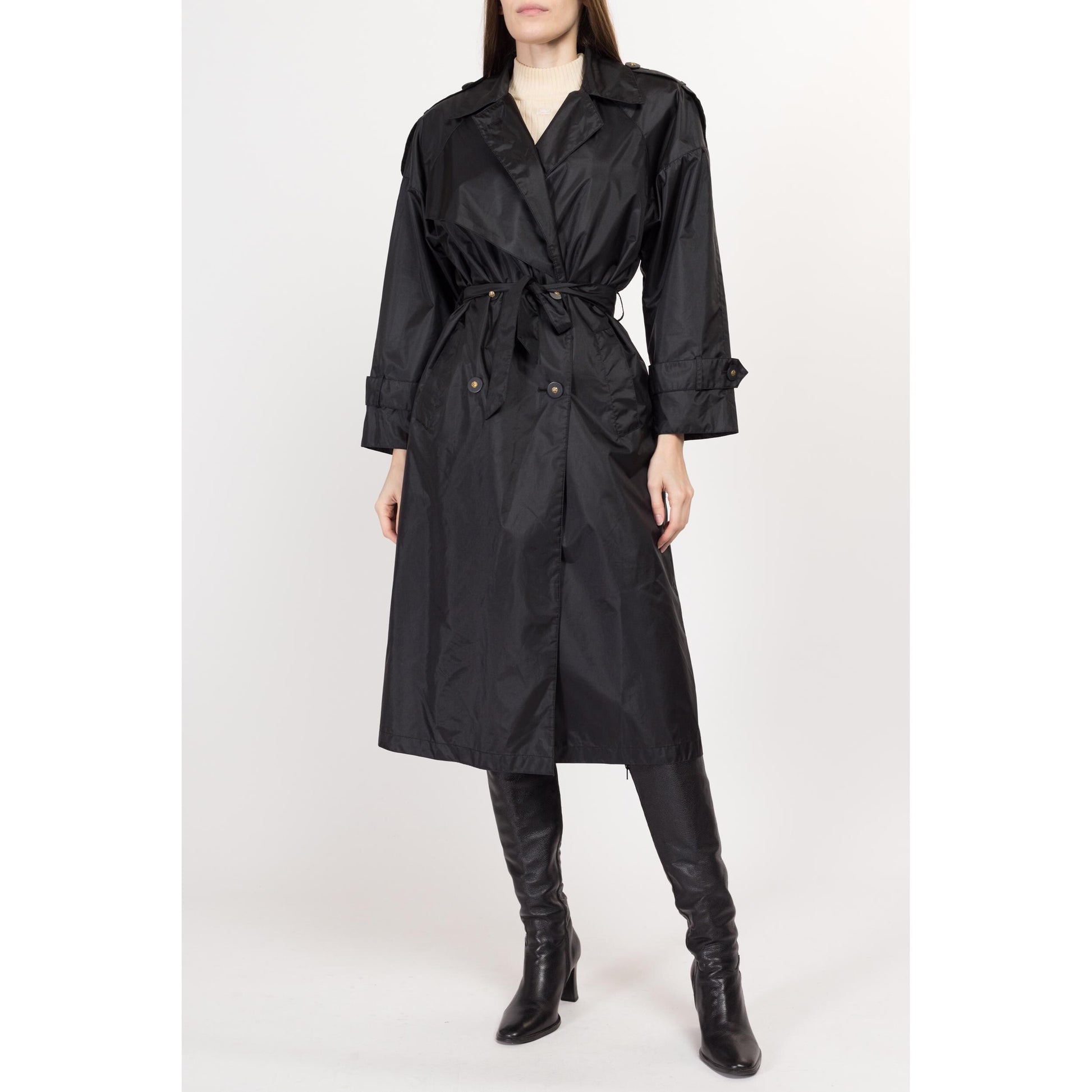 Belted Trench Shiny Trench Coat Medium 90s Shiny Black Belted