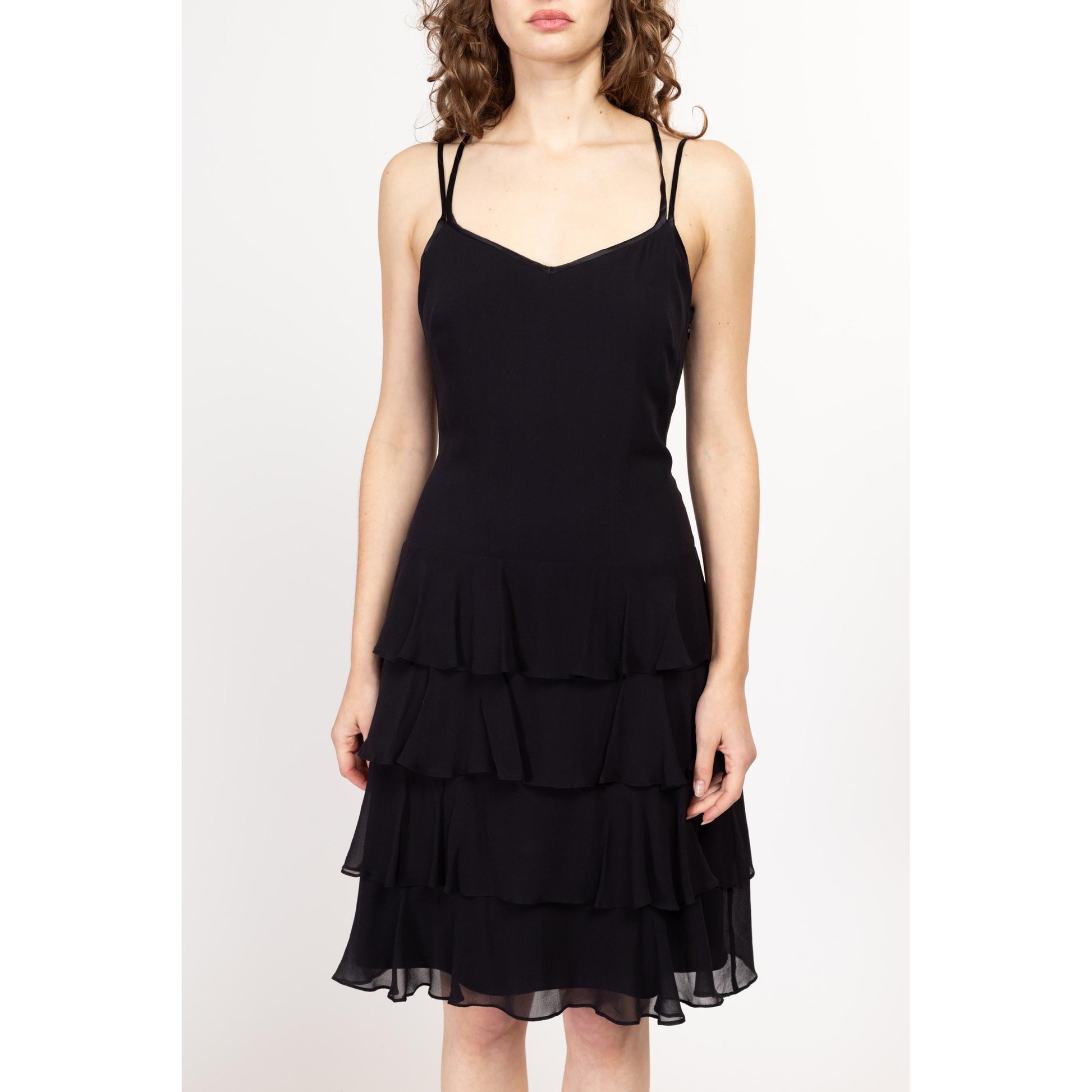 Medium 90s Black Strappy Low Back Tiered Skirt Party Dress NWT | Vintage Depeche Mode Sweetheart Neck Ruffled Mini Cocktail Dress