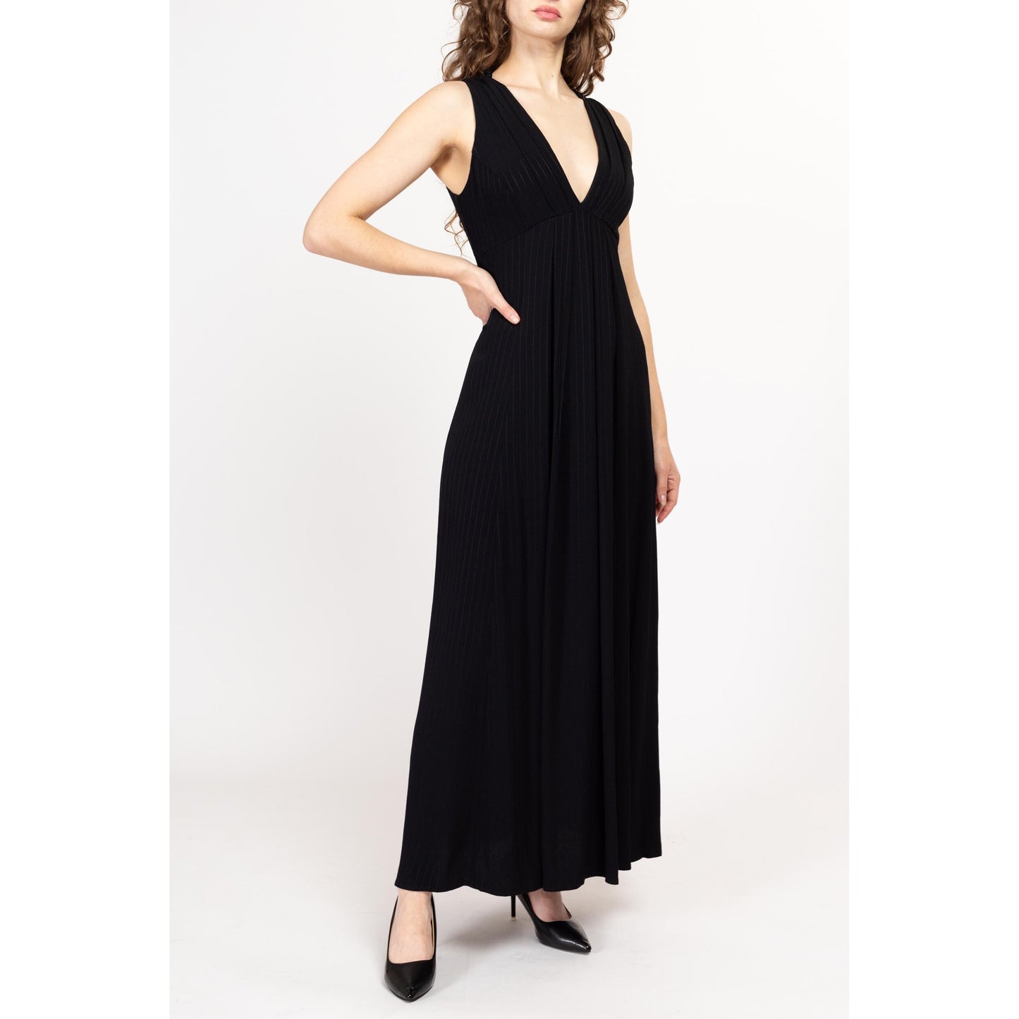 Small 90s Jessica McClintock Black Pinstriped Maxi Dress Size 6 | Vintage V Neck Sleeveless Pleated Formal Evening Gown