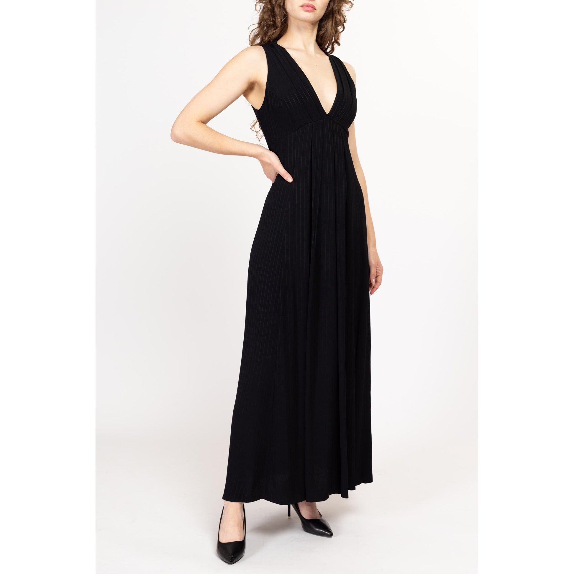 Small 90s Jessica McClintock Black Pinstriped Maxi Dress Size 6 | Vintage V Neck Sleeveless Pleated Formal Evening Gown