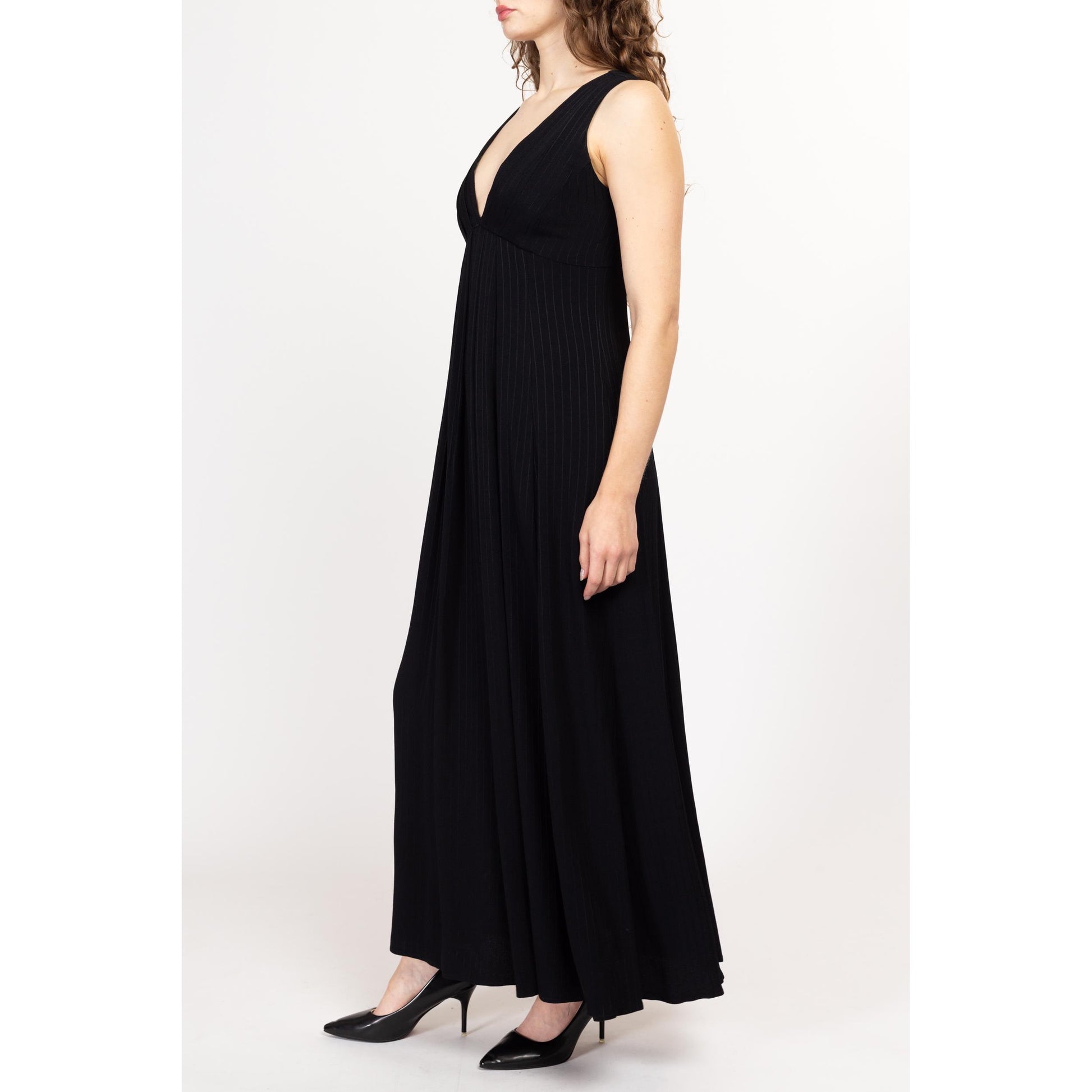 Small 90s Jessica McClintock Black Pinstriped Maxi Dress Size 6 | Vintage V Neck Sleeveless Pleated Formal Evening Gown
