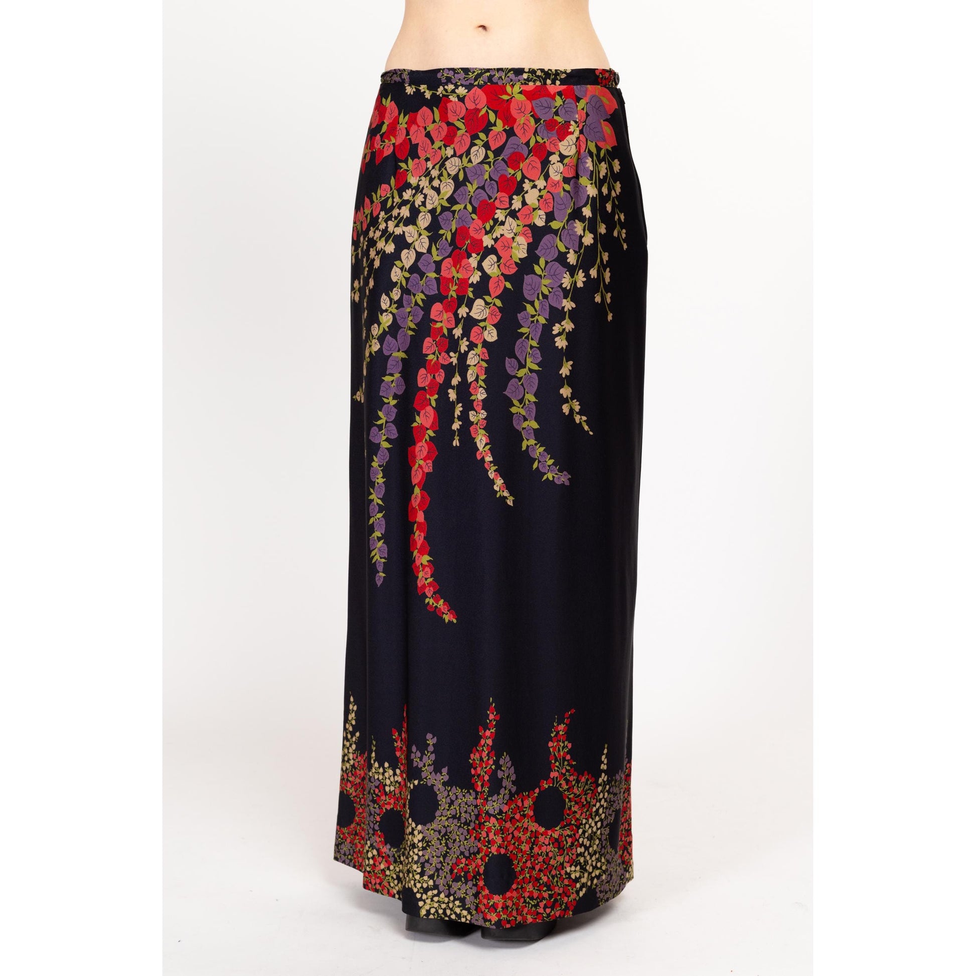Med-Lrg 70s Black Psychedelic Floral Maxi Skirt 31" | Vintage Boho A Line High Waisted Skirt