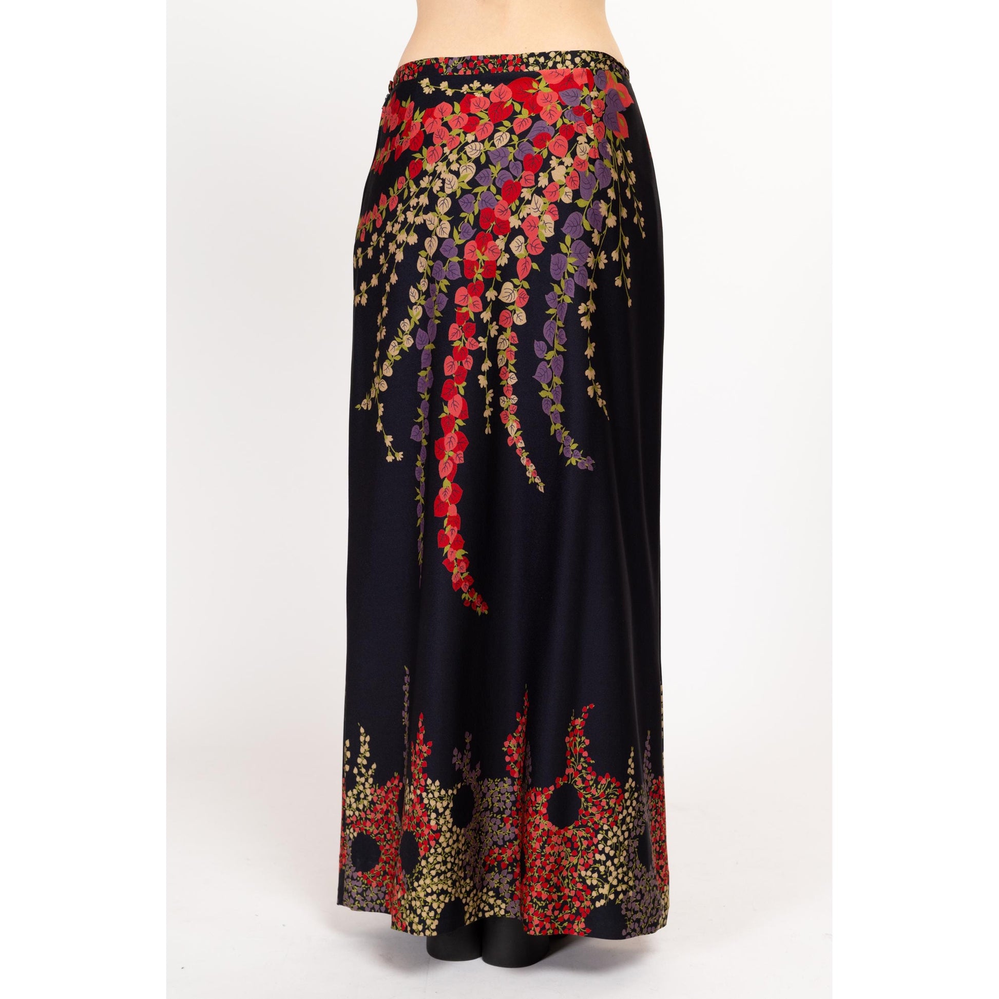 Med-Lrg 70s Black Psychedelic Floral Maxi Skirt 31" | Vintage Boho A Line High Waisted Skirt