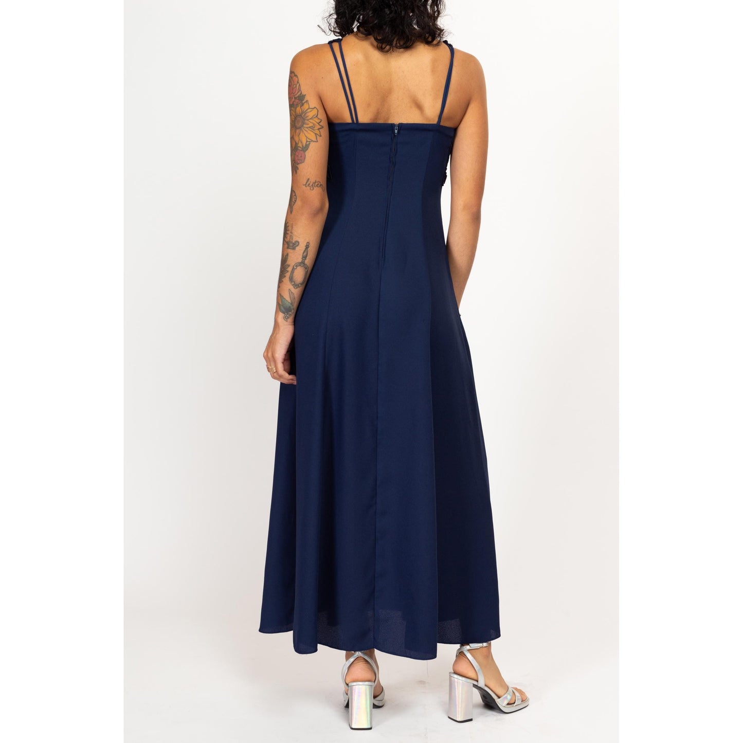 Small 90s Navy Blue Soutache Trim Evening Gown | Vintage Sleeveless Formal Maxi Prom Dress