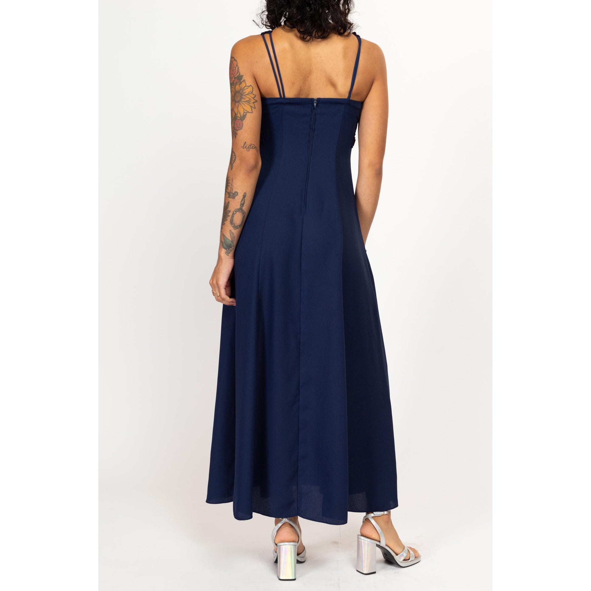 Small 90s Navy Blue Soutache Trim Evening Gown | Vintage Sleeveless Formal Maxi Prom Dress