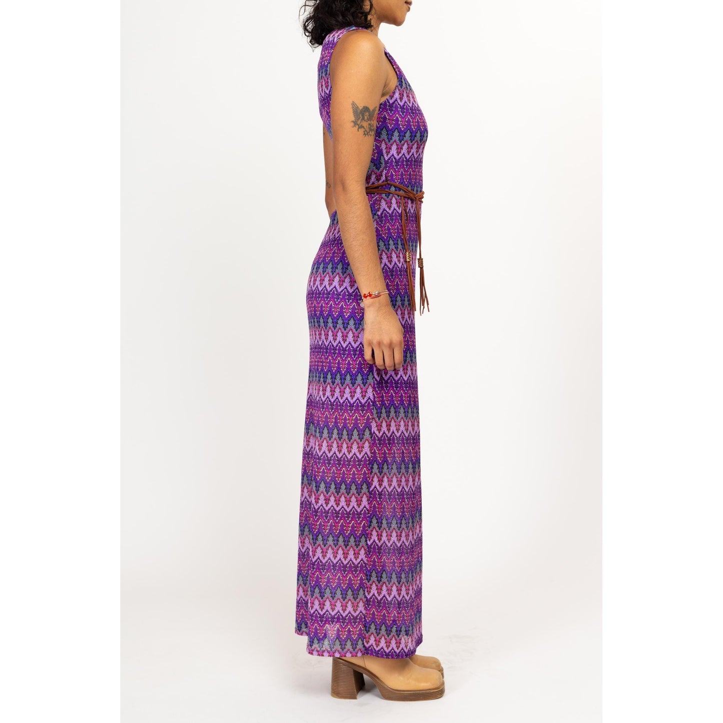 Small Y2K Boho Purple Flame Stitch Knit Maxi Dress | Vintage Sleeveless Summer Sundress