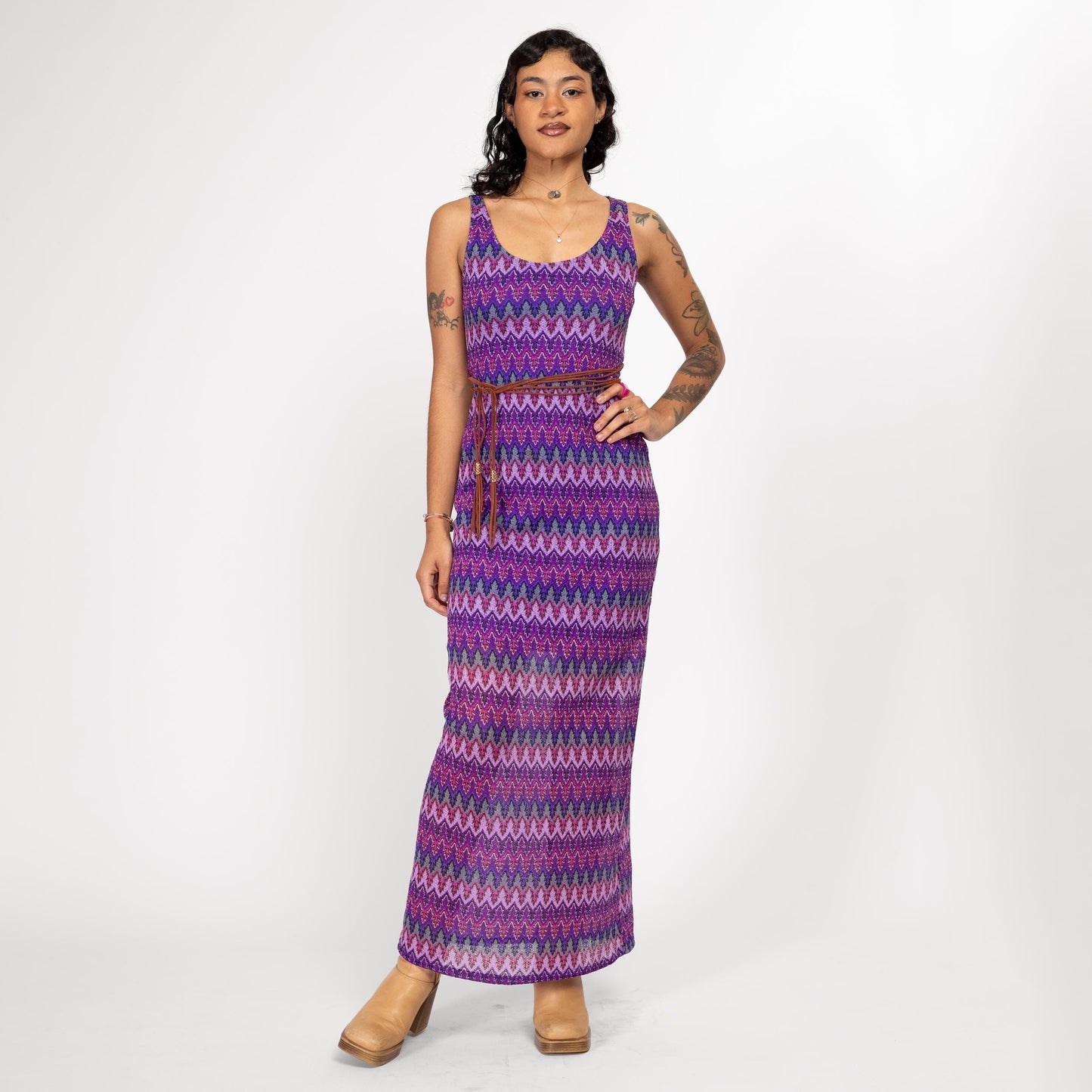 Small Y2K Boho Purple Flame Stitch Knit Maxi Dress | Vintage Sleeveless Summer Sundress