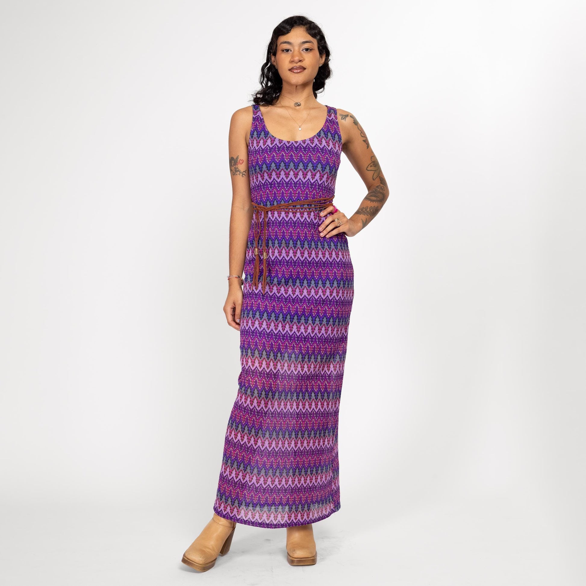 Small Y2k Boho Purple Flame Stitch Knit Maxi Dress