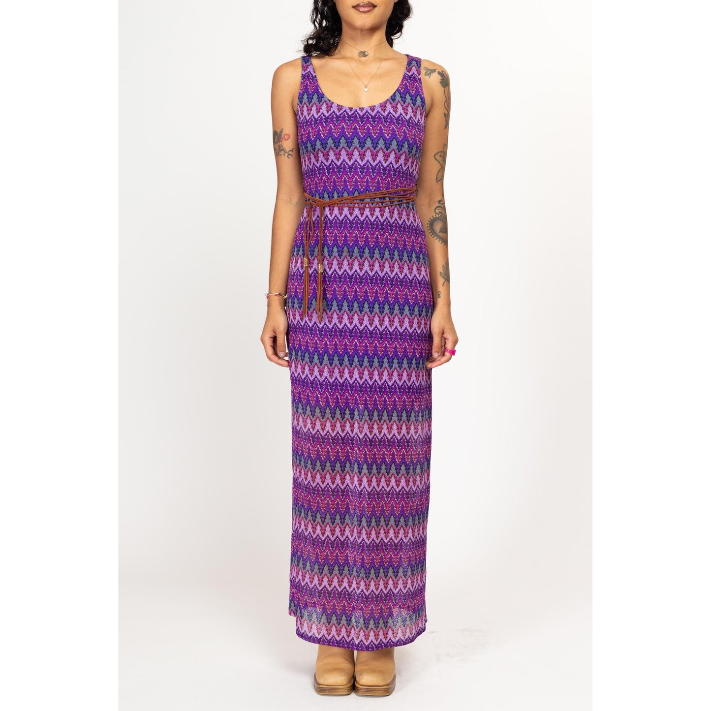 Small Y2K Boho Purple Flame Stitch Knit Maxi Dress | Vintage Sleeveless Summer Sundress