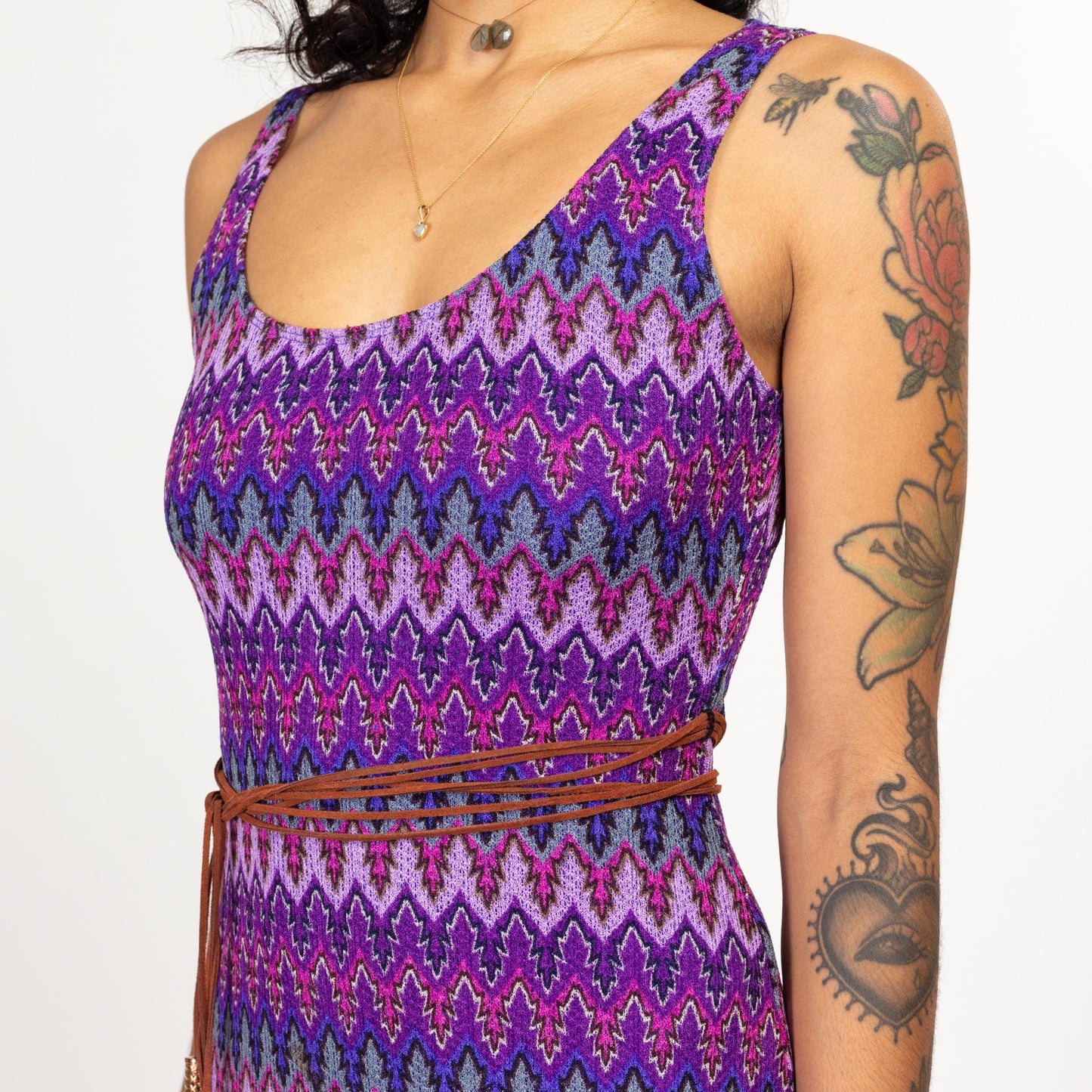Small Y2K Boho Purple Flame Stitch Knit Maxi Dress | Vintage Sleeveless Summer Sundress
