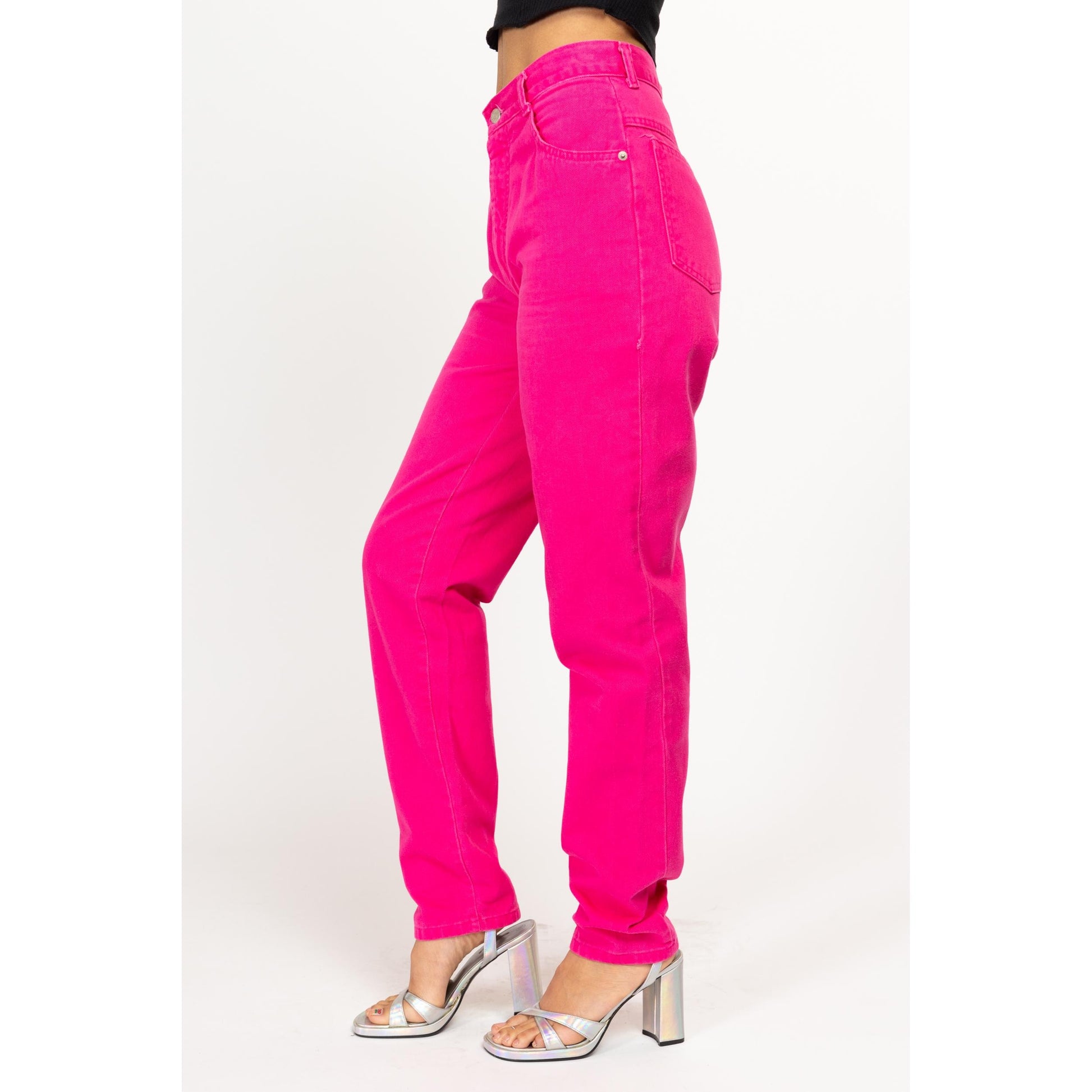 Small 90s Hot Pink High Waisted Jeans 26.5" | Vintage Denim Tapered Leg Mom Jeans