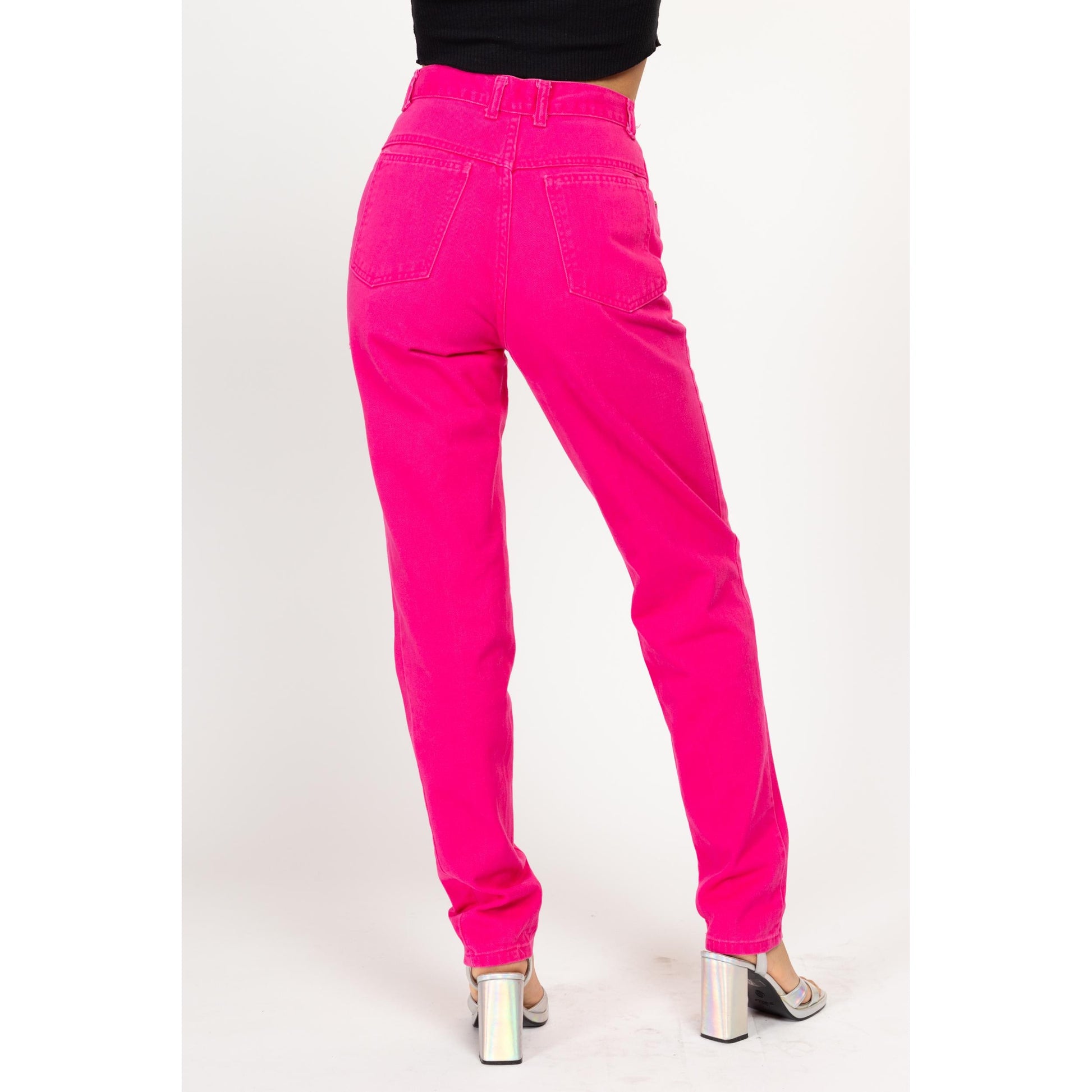 Small 90s Hot Pink High Waisted Jeans 26.5" | Vintage Denim Tapered Leg Mom Jeans