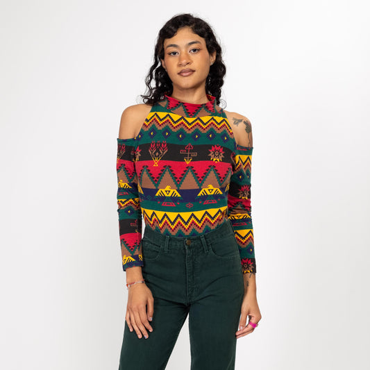 Medium 80s Southwestern Cold Shoulder Bodysuit Top | Vintage Eagle Print High Hip One Piece