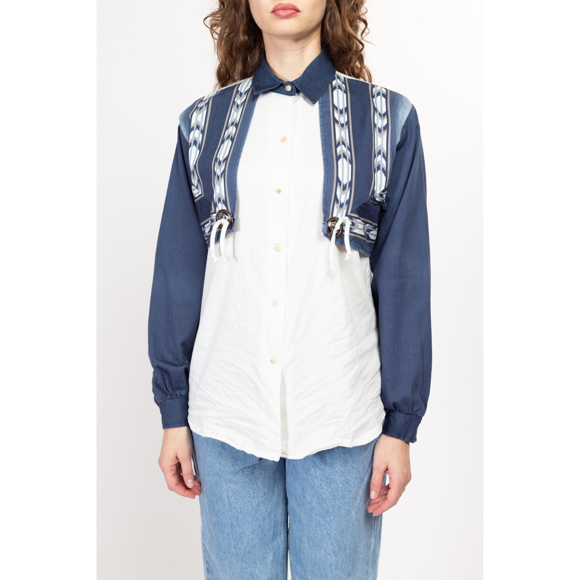 Medium 90s Roper Southwestern Concho Shirt | Vintage White Blue Western Print Long Sleeve Button Up Top