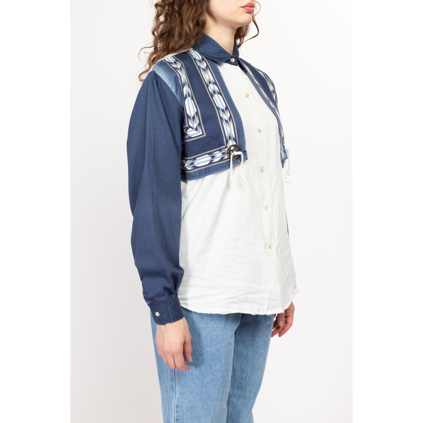 Medium 90s Roper Southwestern Concho Shirt | Vintage White Blue Western Print Long Sleeve Button Up Top