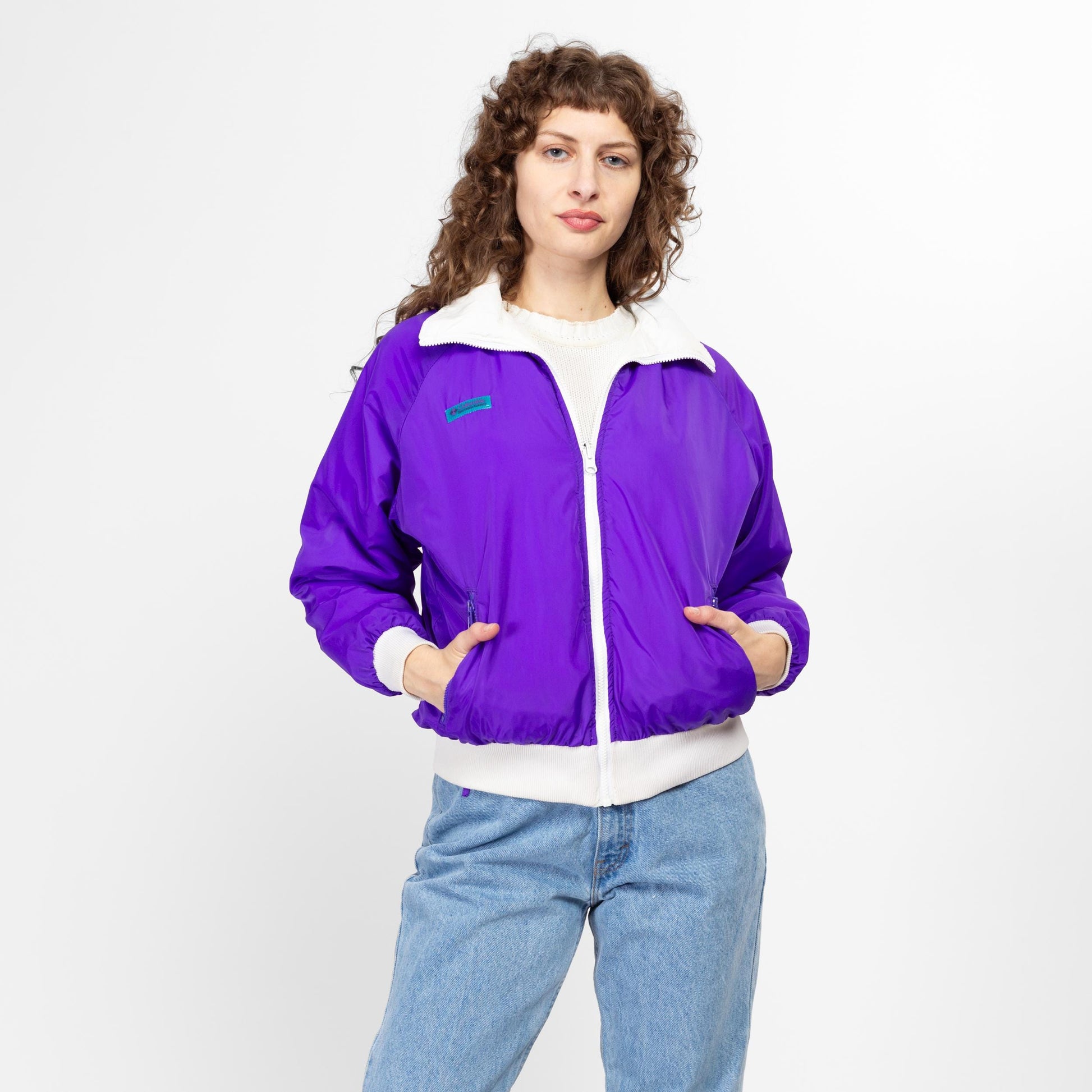 Medium 90s Columbia Reversible Purple & White Puffer Windbreaker | Vintage Zip Up Insulated Winter Ski Jacket
