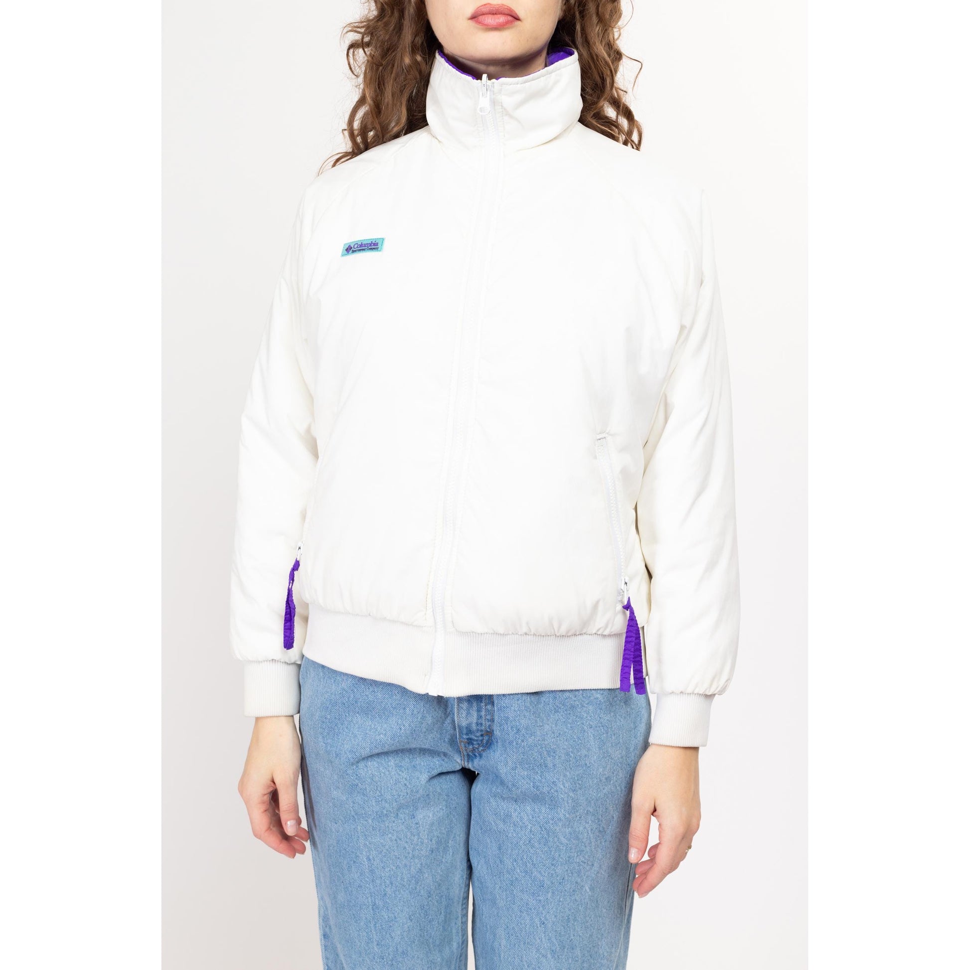 Medium 90s Columbia Reversible Purple & White Puffer Windbreaker | Vintage Zip Up Insulated Winter Ski Jacket