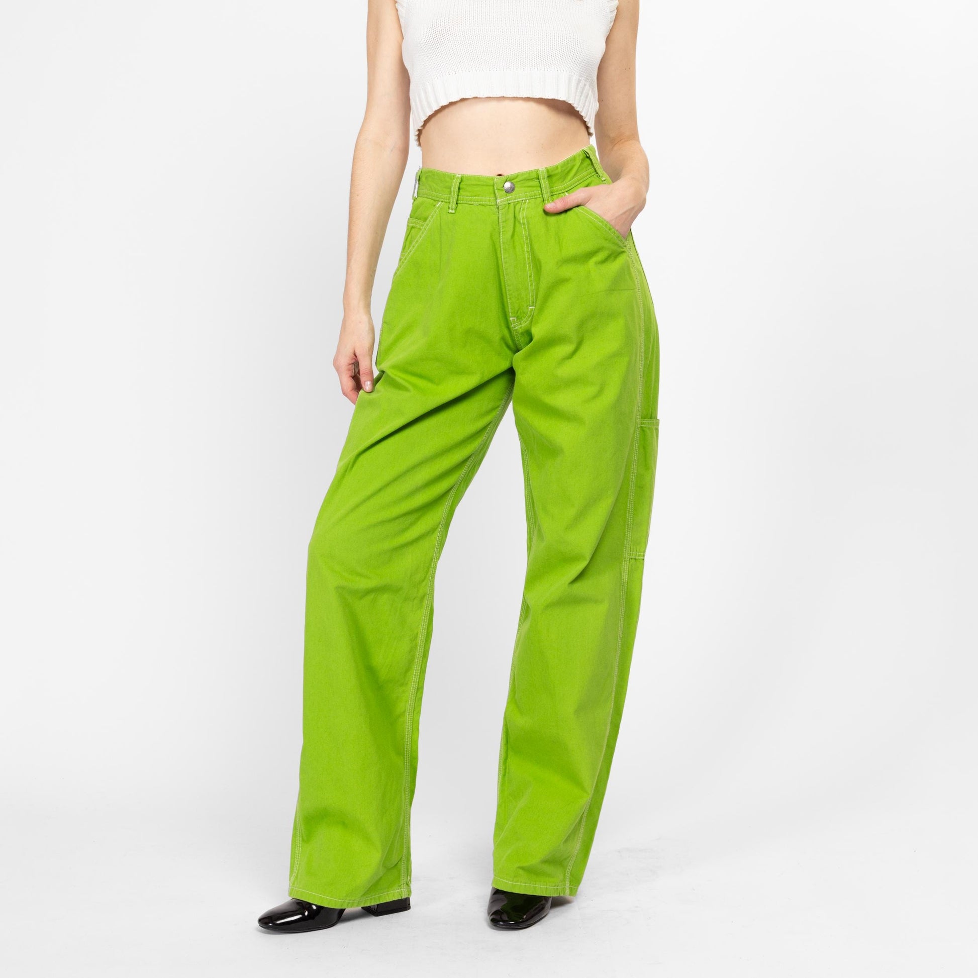 Medium 90s Esprit Lime Green Carpenter Barrel Pants 28.5" | Vintage High Waisted Straight Leg Utility Cargo Trousers
