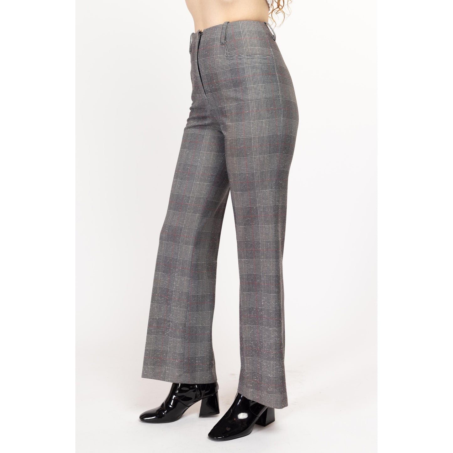 XS 70s Grey Plaid High Waisted Pants 24.5" | Vintage Polyester Casual Bootcut Flare Trousers