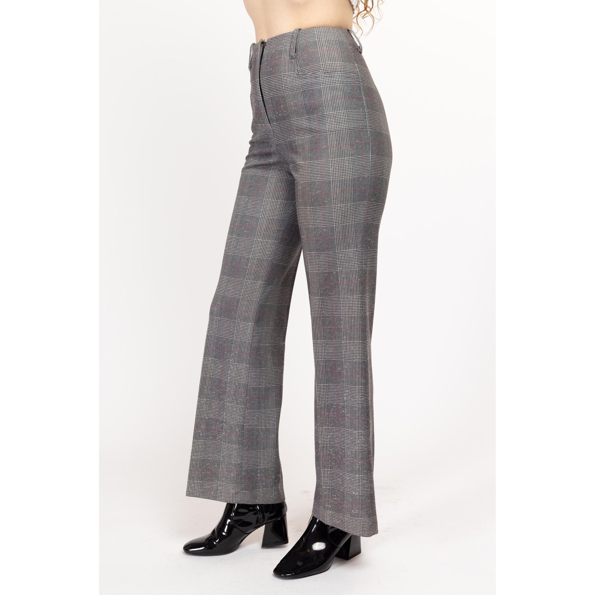 XS 70s Grey Plaid High Waisted Pants 24.5" | Vintage Polyester Casual Bootcut Flare Trousers