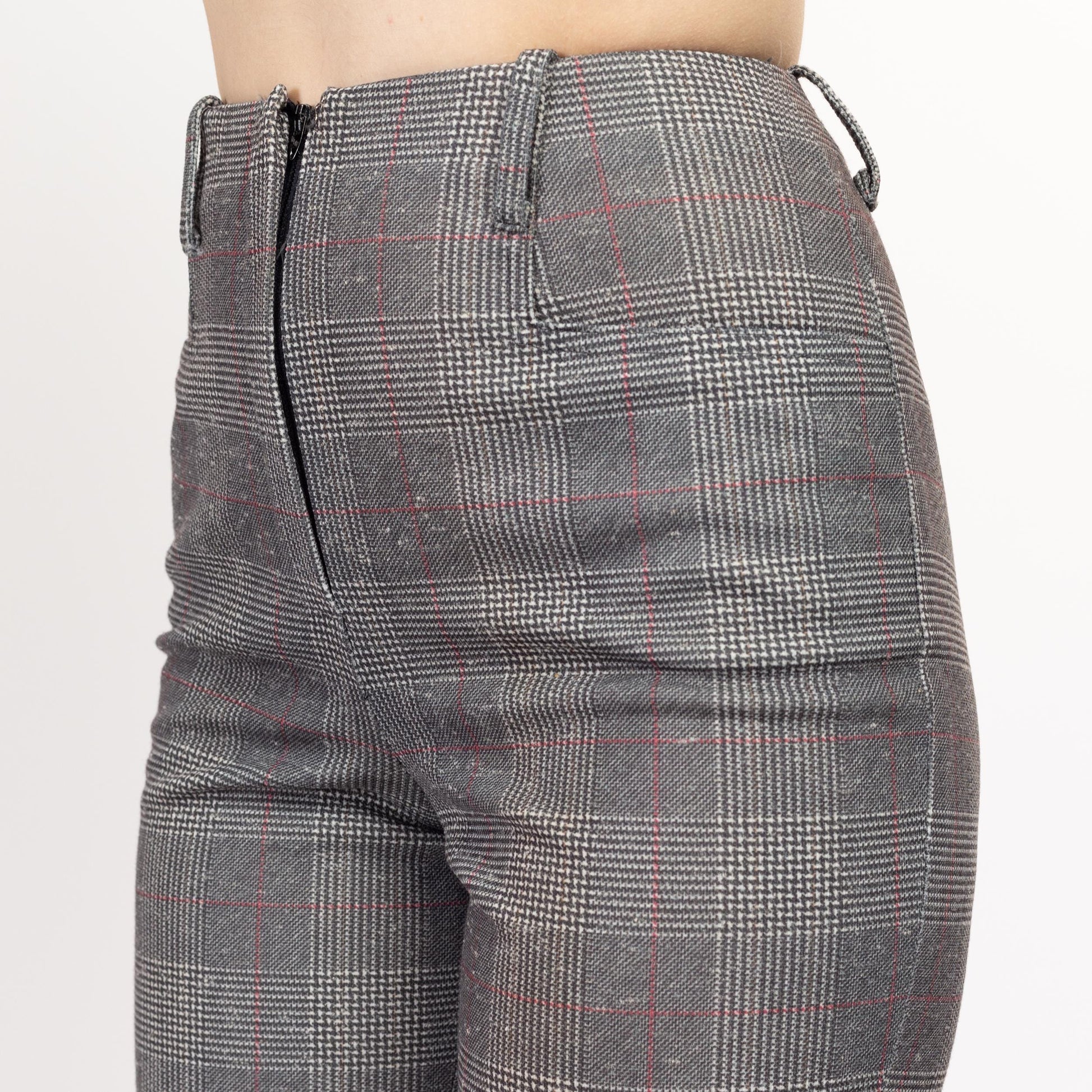 XS 70s Grey Plaid High Waisted Pants 24.5" | Vintage Polyester Casual Bootcut Flare Trousers