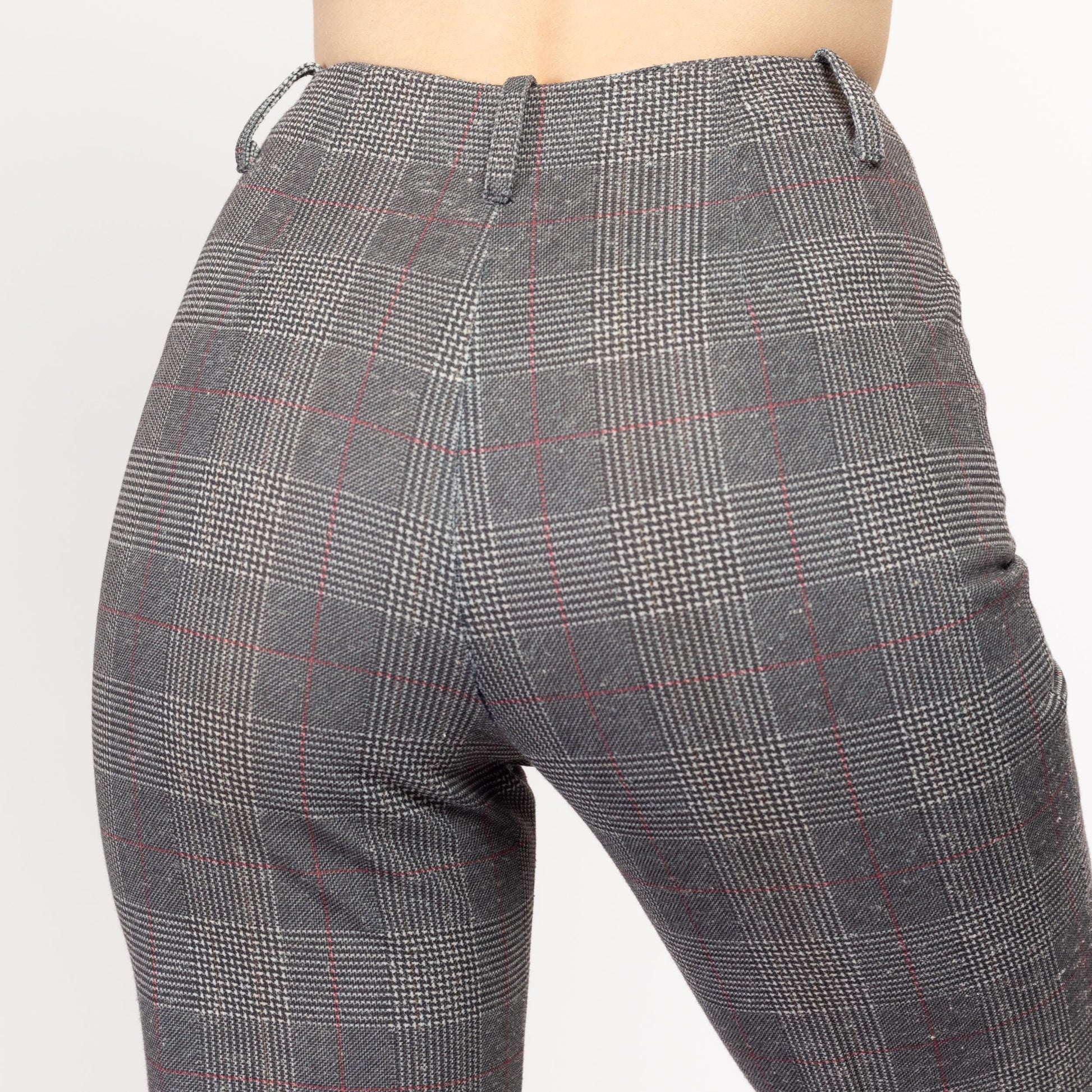 XS 70s Grey Plaid High Waisted Pants 24.5" | Vintage Polyester Casual Bootcut Flare Trousers