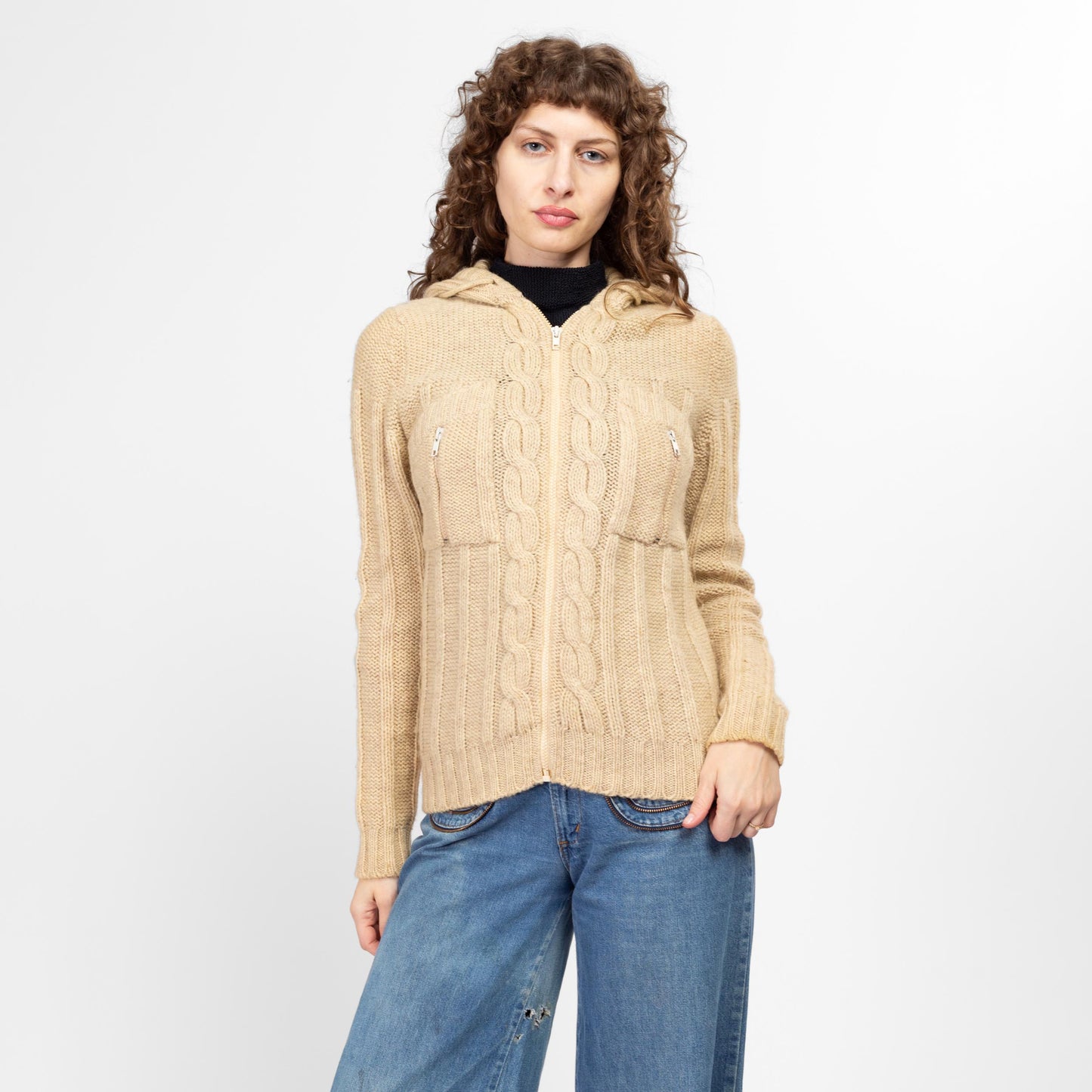 Medium 70s Cable Knit Wool Hooded Cardigan | Vintage Cream Knit Zip Up Sweater
