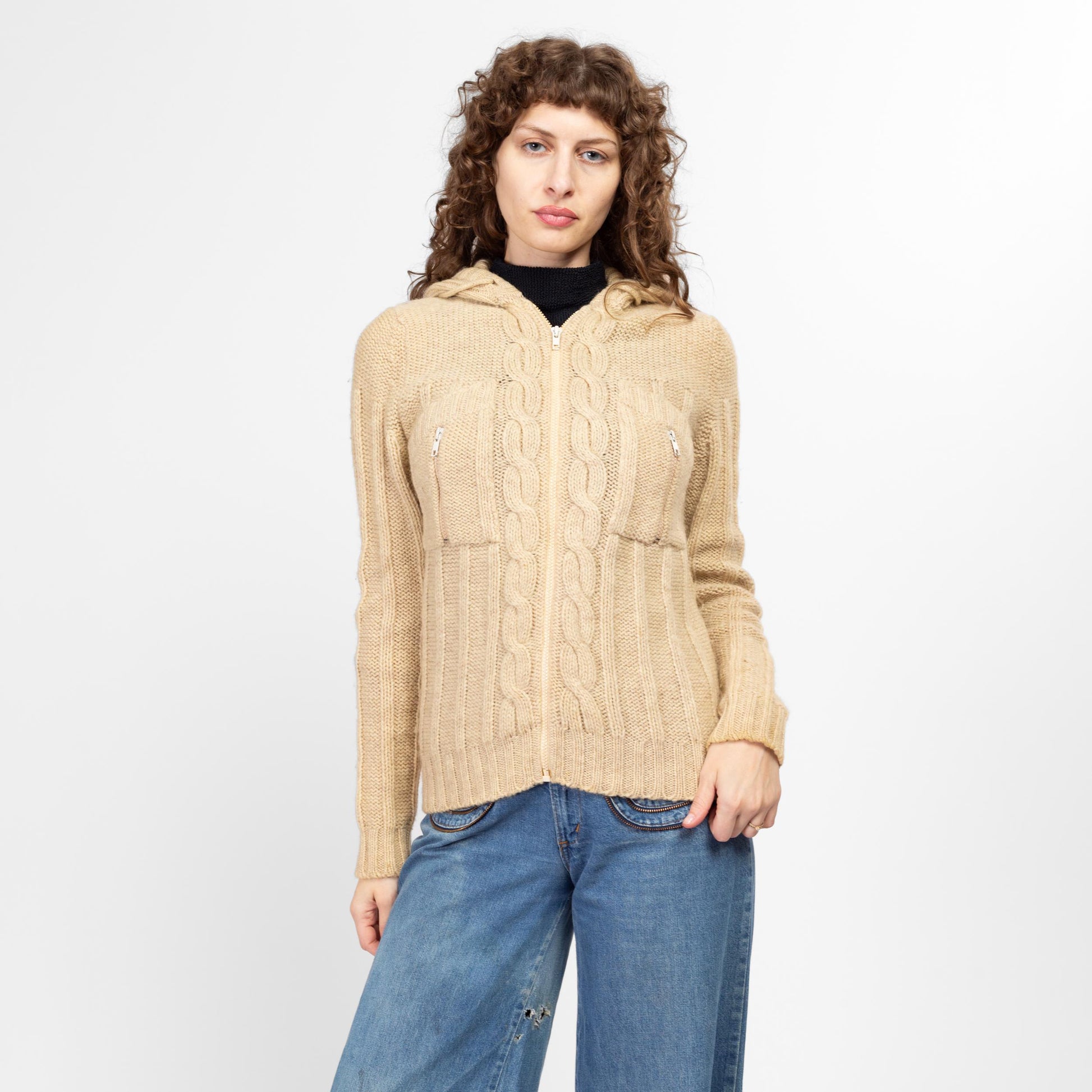 Medium 70s Cable Knit Wool Hooded Cardigan | Vintage Cream Knit Zip Up Sweater