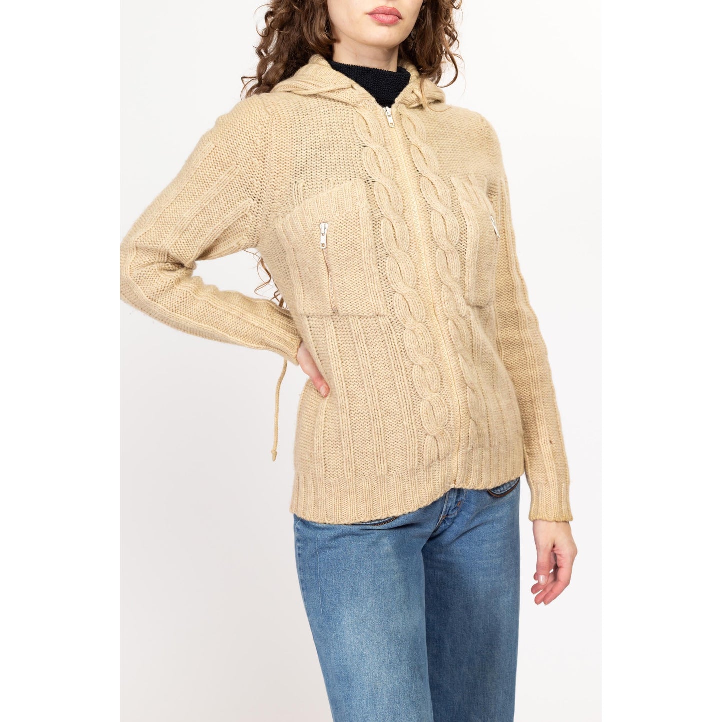 Medium 70s Cable Knit Wool Hooded Cardigan | Vintage Cream Knit Zip Up Sweater