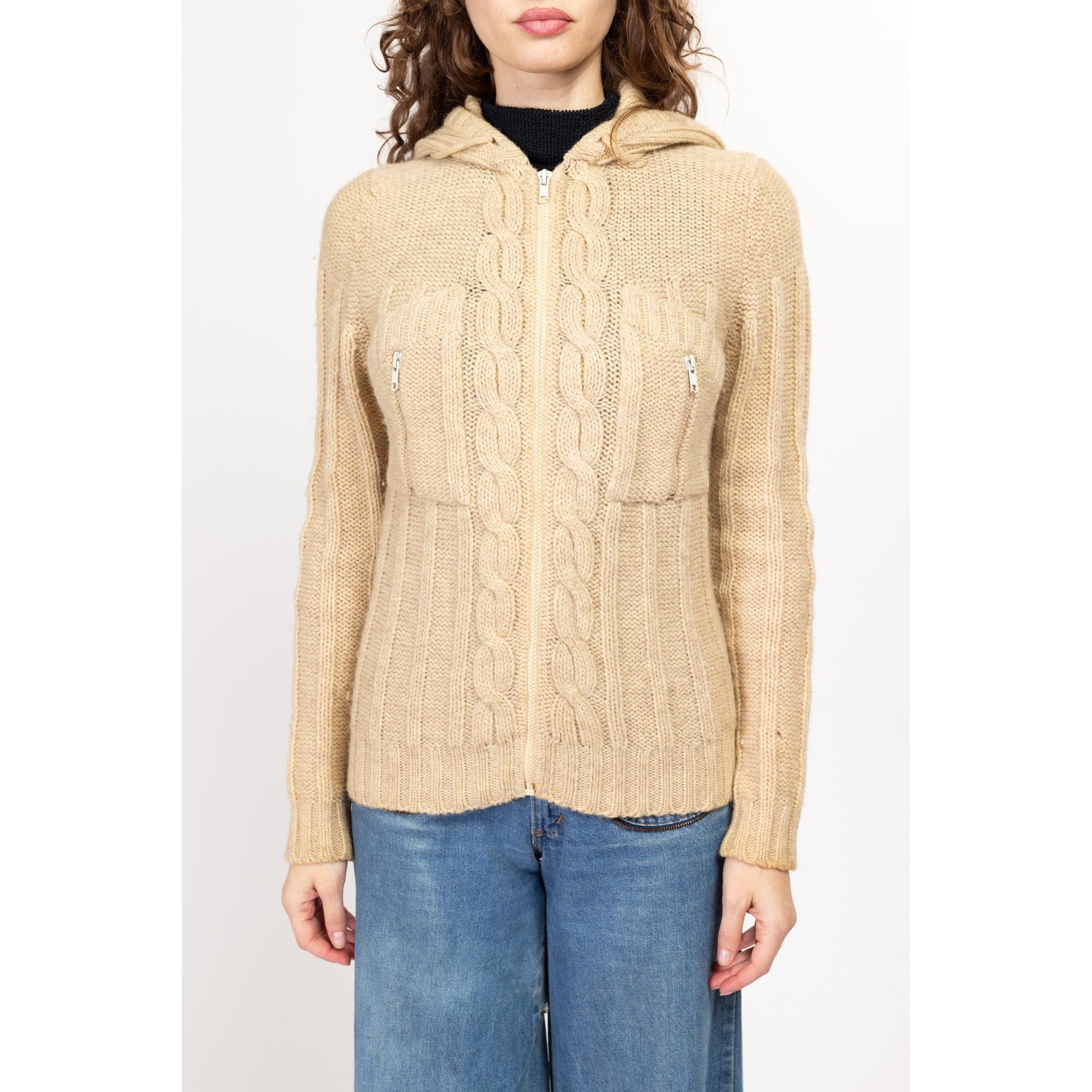 Medium 70s Cable Knit Wool Hooded Cardigan | Vintage Cream Knit Zip Up Sweater