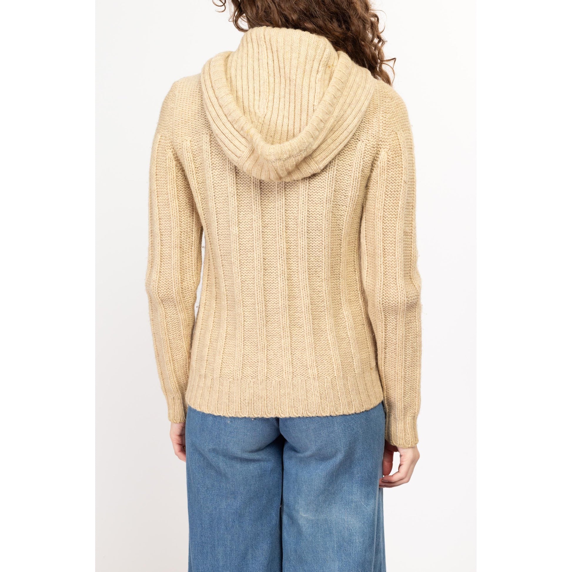 Medium 70s Cable Knit Wool Hooded Cardigan | Vintage Cream Knit Zip Up Sweater