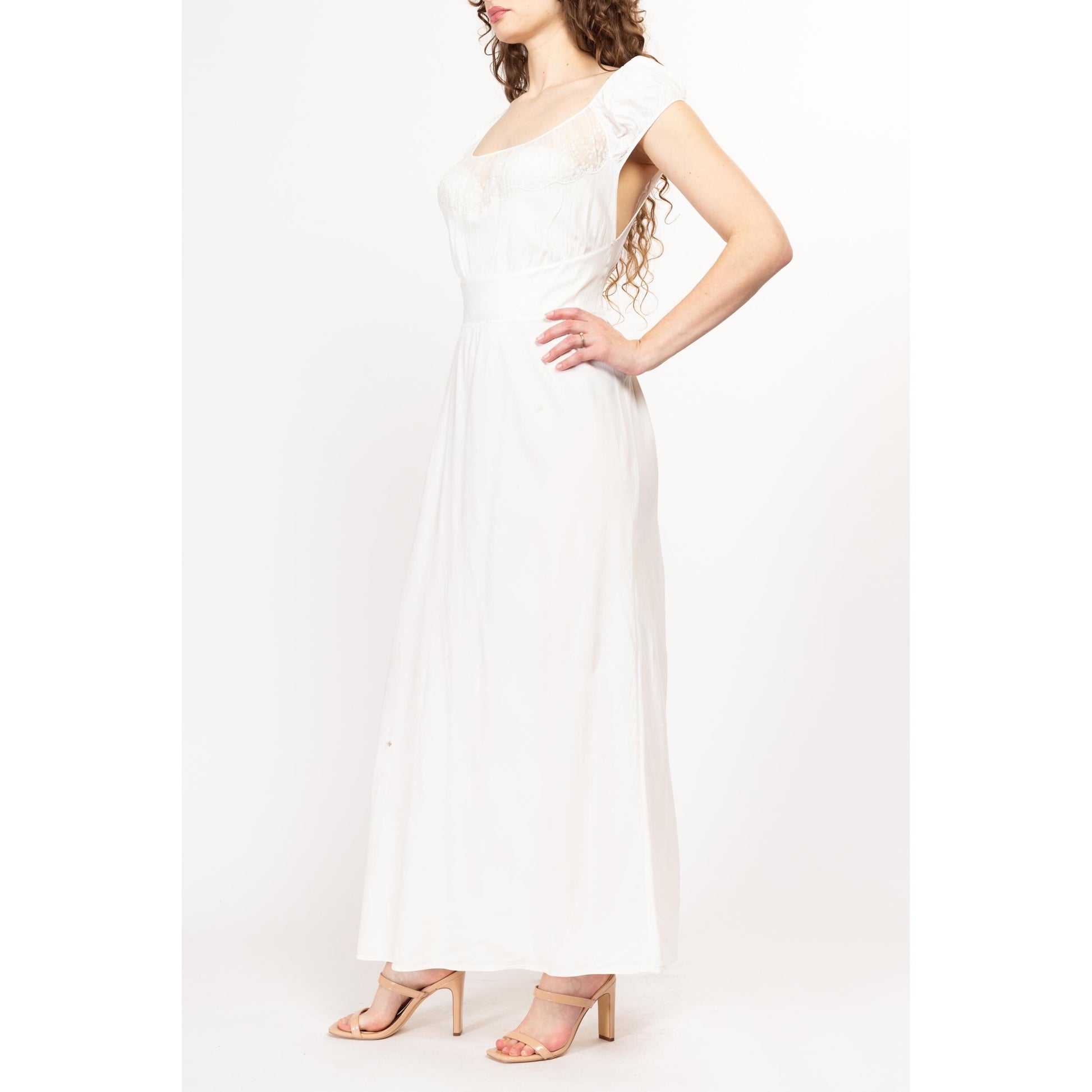 Medium 1950s White Shelf Bust Nightgown Maxi Dress | Vintage 50s Scoop Neck Sheer Lace Trim Lingerie Dress