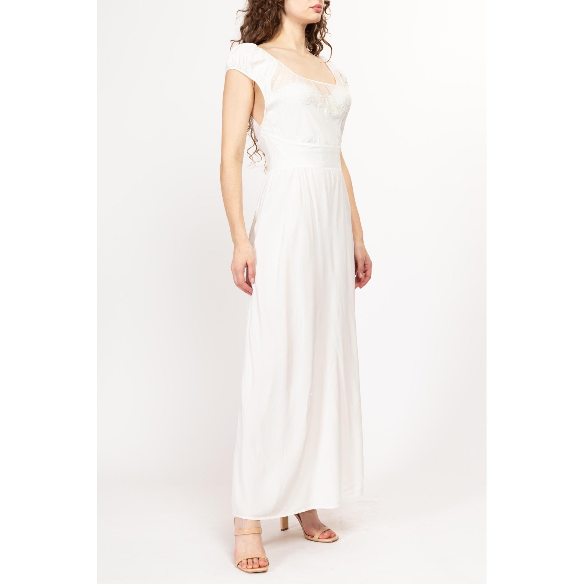 Medium 1950s White Shelf Bust Nightgown Maxi Dress | Vintage 50s Scoop Neck Sheer Lace Trim Lingerie Dress