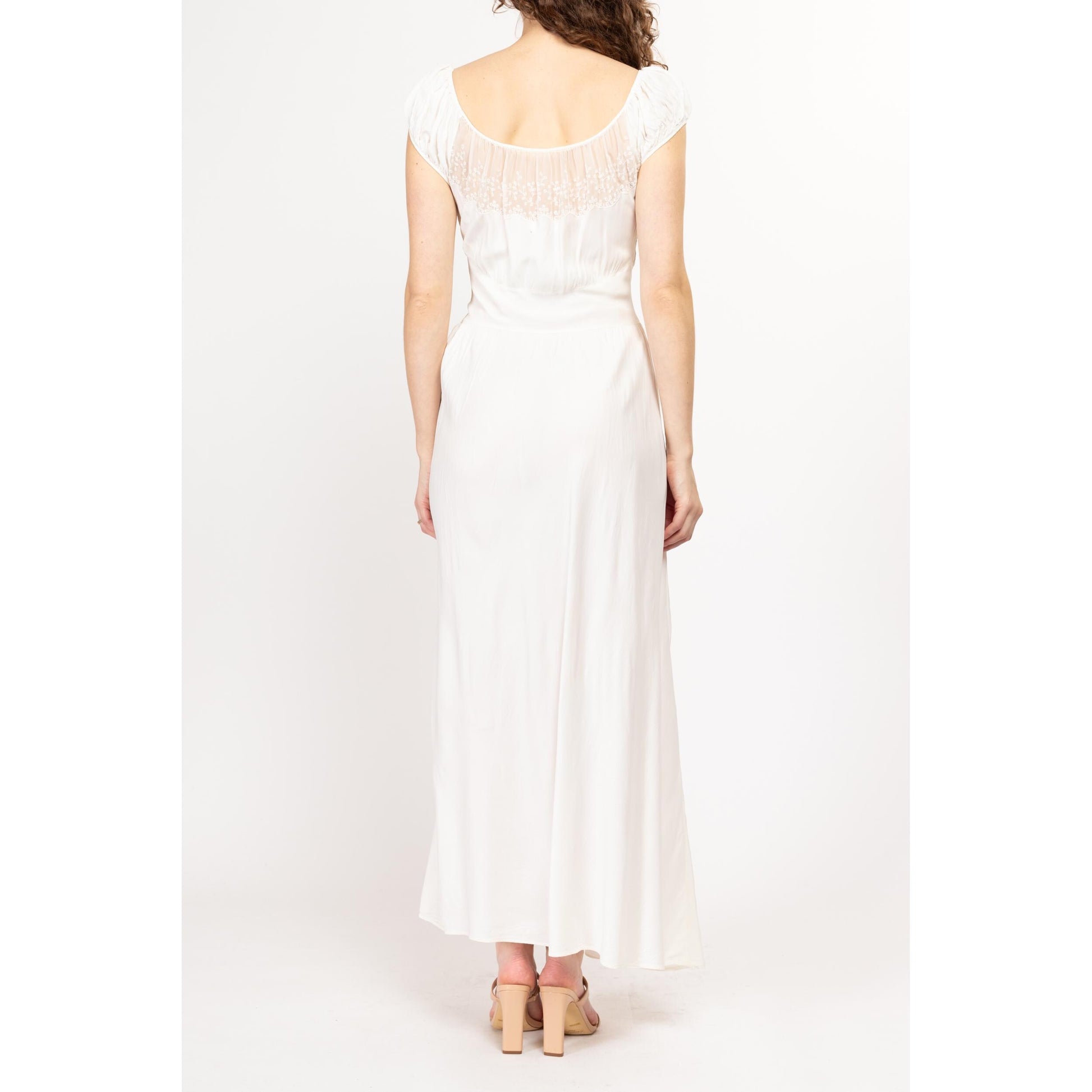 Medium 1950s White Shelf Bust Nightgown Maxi Dress | Vintage 50s Scoop Neck Sheer Lace Trim Lingerie Dress