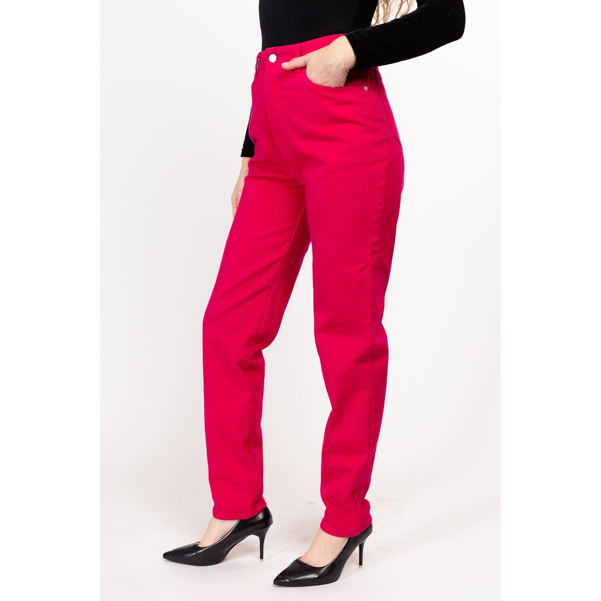 Small 90s Hot Pink High Waisted Jeans 27" | Vintage Denim Tapered Leg Mom Jeans