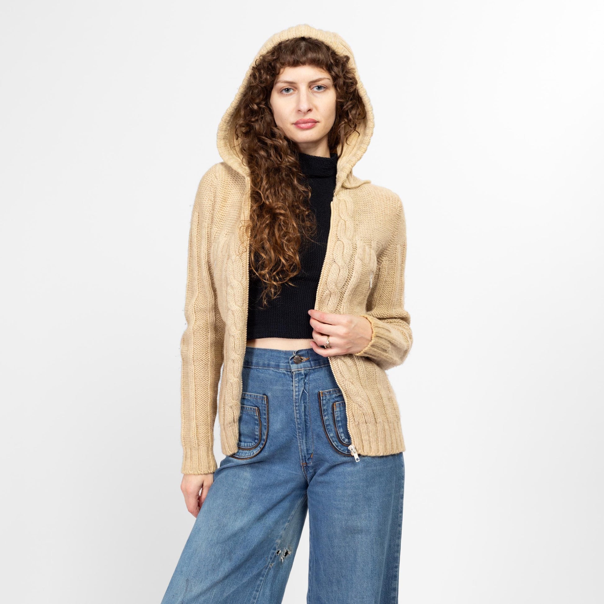 Medium 70s Cable Knit Wool Hooded Cardigan | Vintage Cream Knit Zip Up Sweater