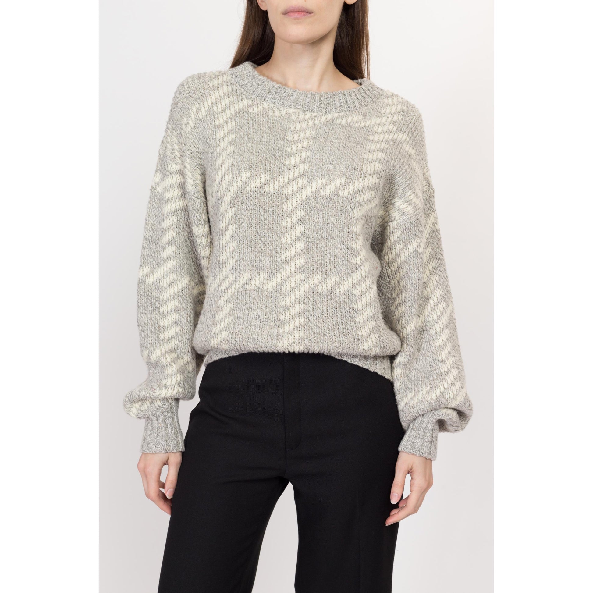 Med-Lrg 80s Grey & Cream Slouchy Knit Sweater | Vintage Plaid Chunky Knit Pullover Jumper
