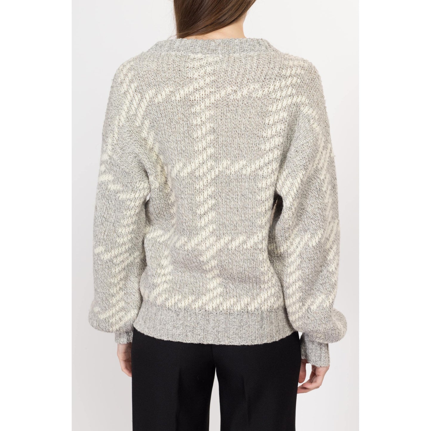 Med-Lrg 80s Grey & Cream Slouchy Knit Sweater | Vintage Plaid Chunky Knit Pullover Jumper