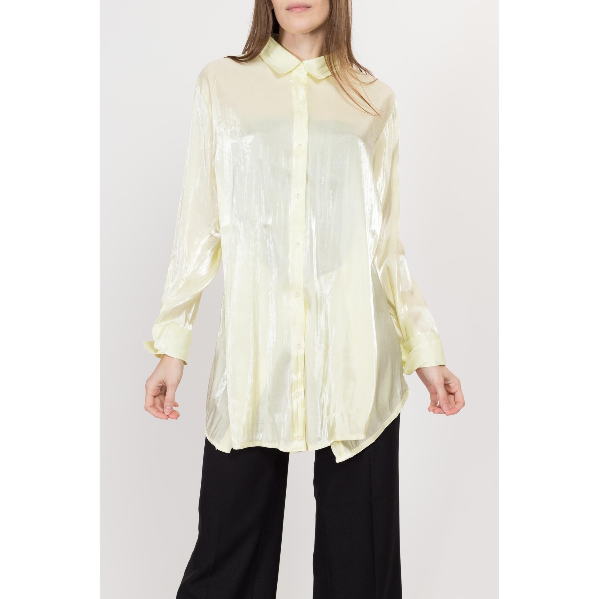 Small Y2K Sheer Chartreuse Longline Panel Blouse | Vintage Cuffed Long Sleeve Collared Button Up Top