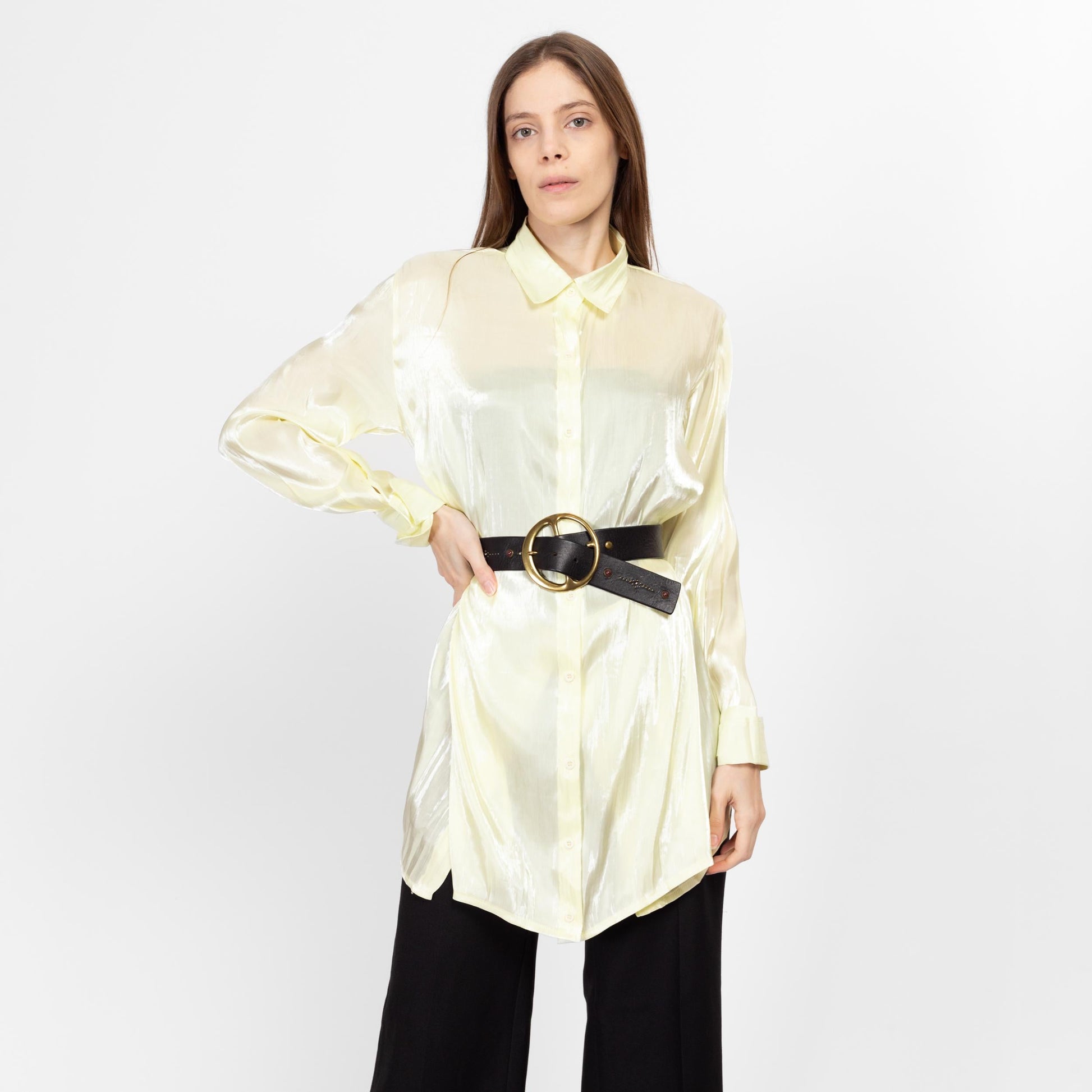 Small Y2K Sheer Chartreuse Longline Panel Blouse | Vintage Cuffed Long Sleeve Collared Button Up Top