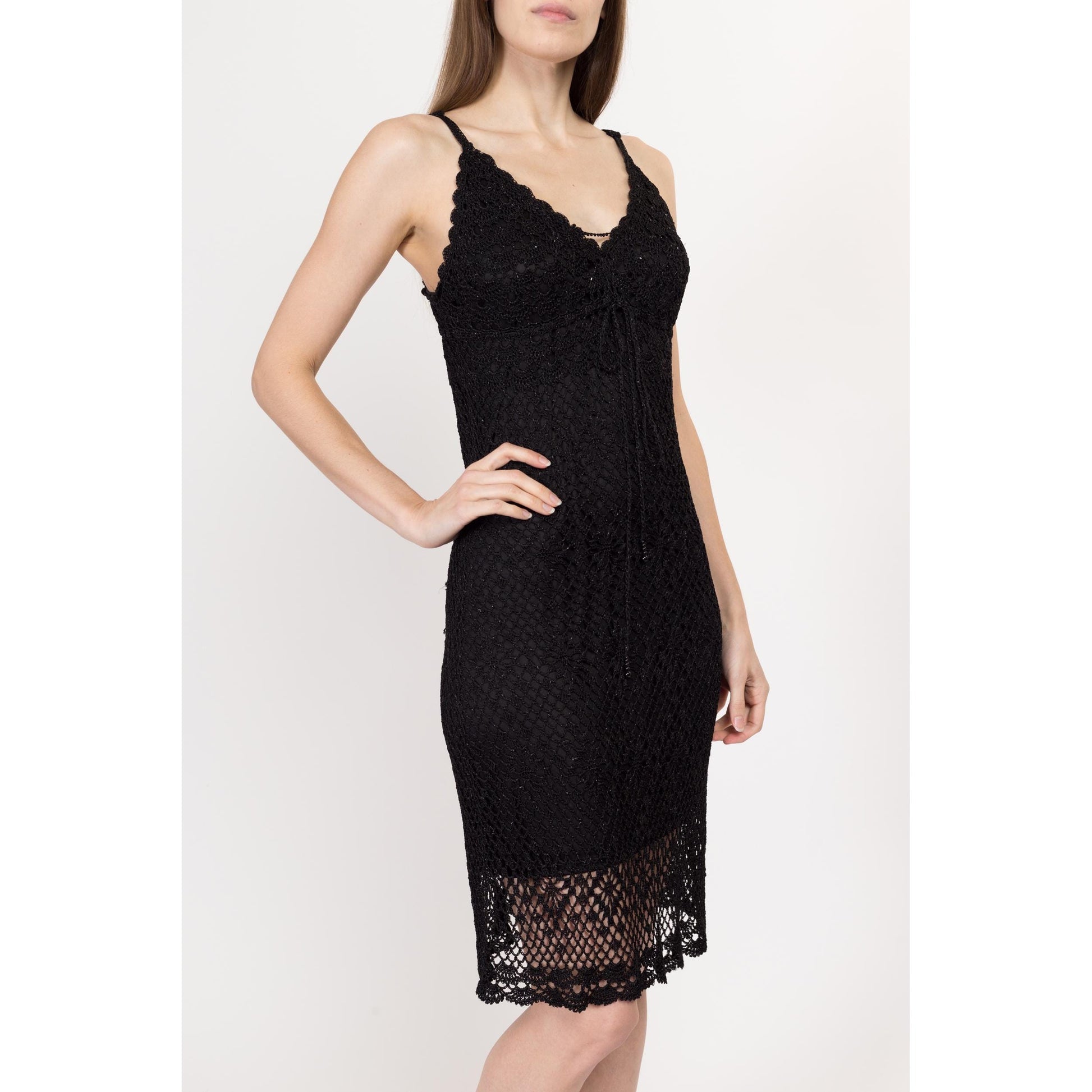 Sm-Med Y2K Black Crochet Bodycon Sundress | Vintage Boho Stretchy Fitted Tank Mini Dress