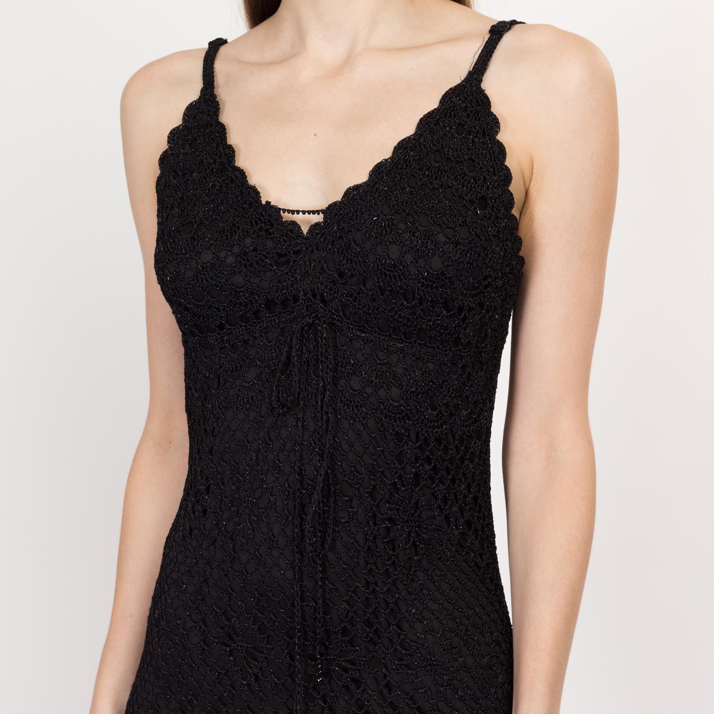 Sm-Med Y2K Black Crochet Bodycon Sundress | Vintage Boho Stretchy Fitted Tank Mini Dress
